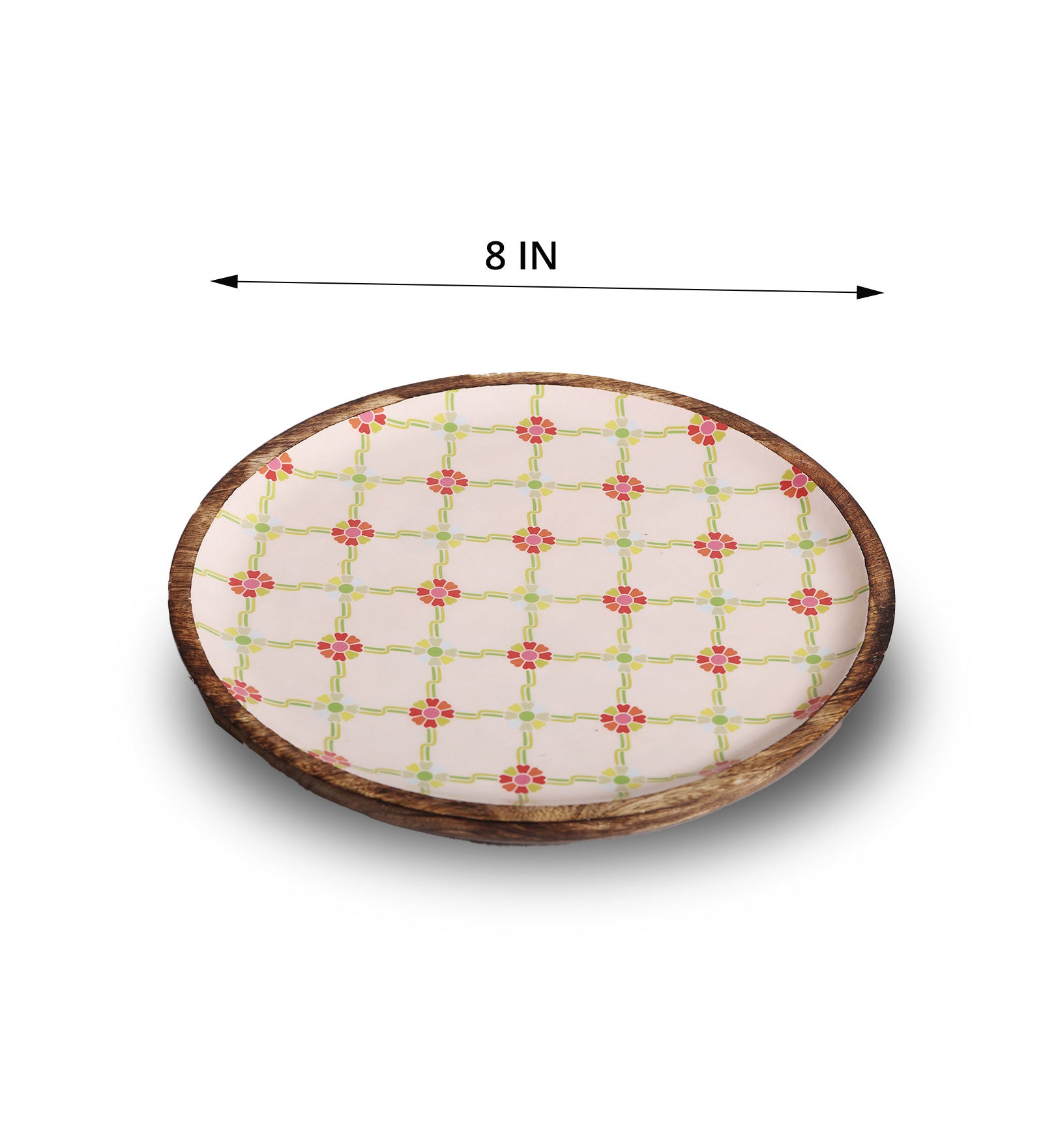 Sweet Flower Jaal Round Mango Wood Platter With Enamel Finish | Peacoy
