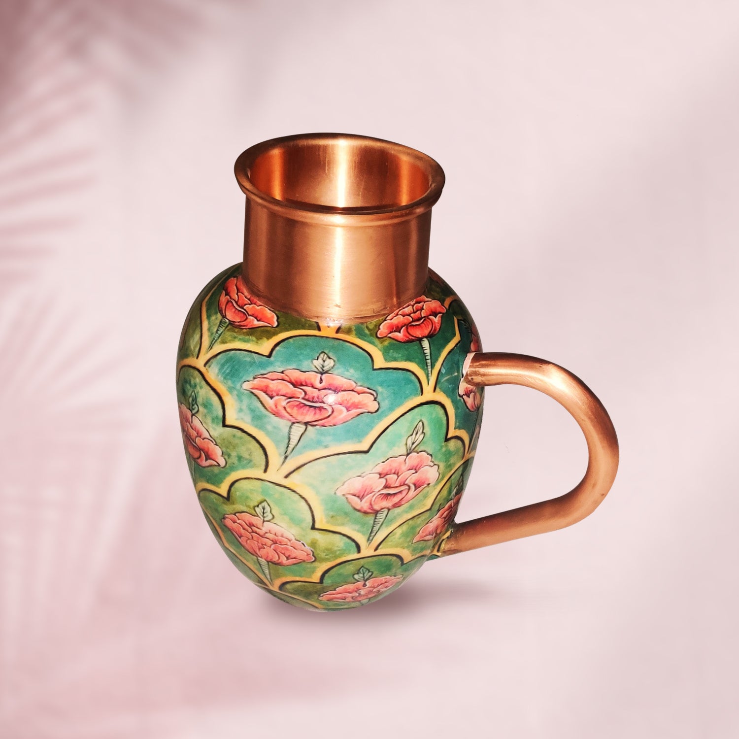 Green & Red Floral 100% Pure Copper Jug with Glass - 1500 ml