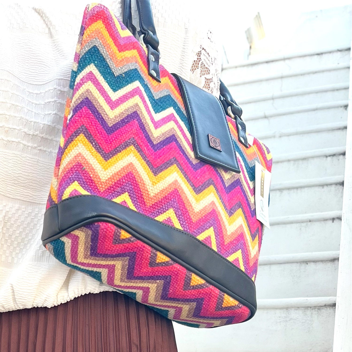 Vibrant Zigzags Multicolor 100 % Cotton Sustainable Hand Bag / Shoulder Bag  - 14 x 11 x 4 inches | Peacoy
