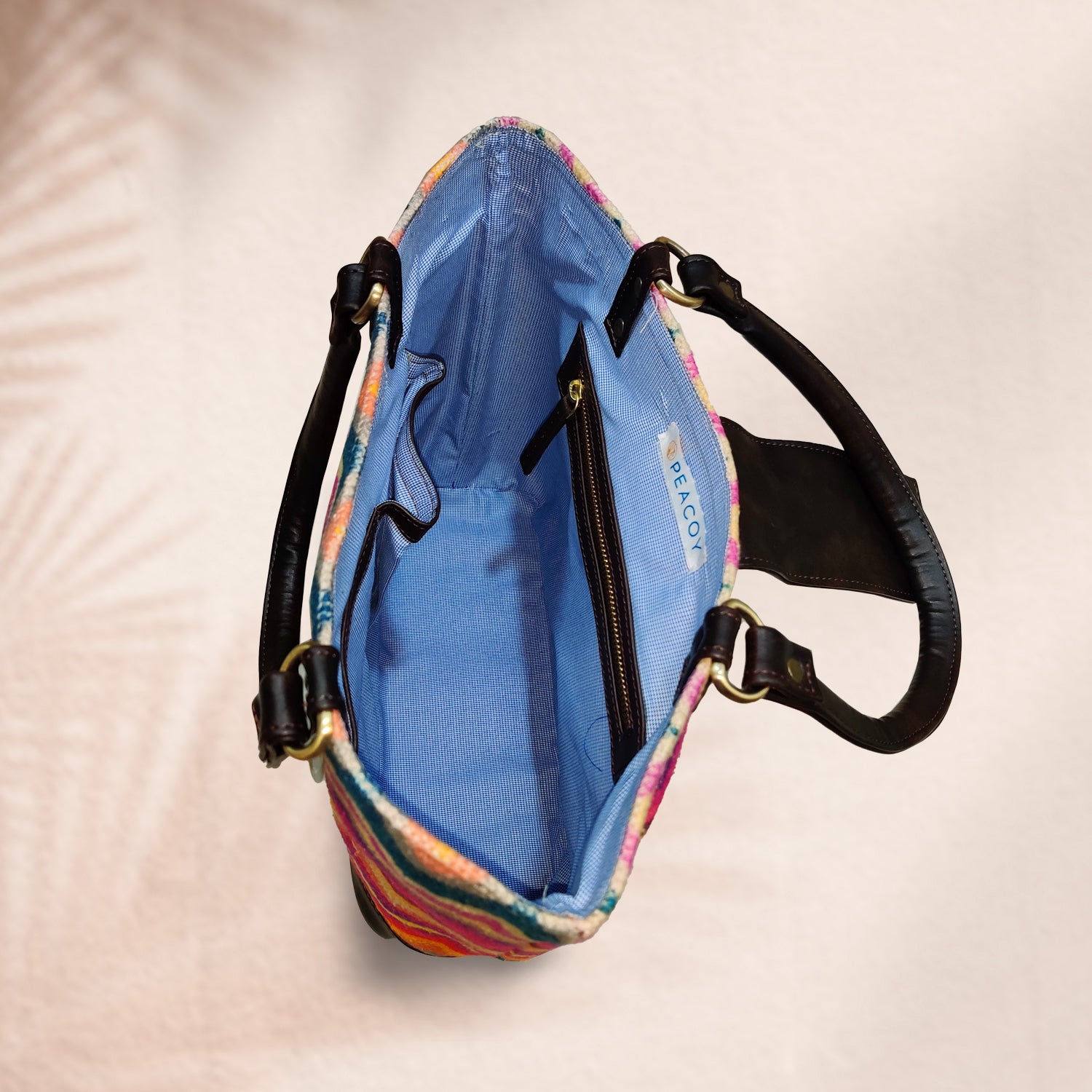 Vibrant Zigzags Multicolor 100 % Cotton Sustainable Hand Bag / Shoulder Bag  - 14 x 11 x 4 inches | Peacoy