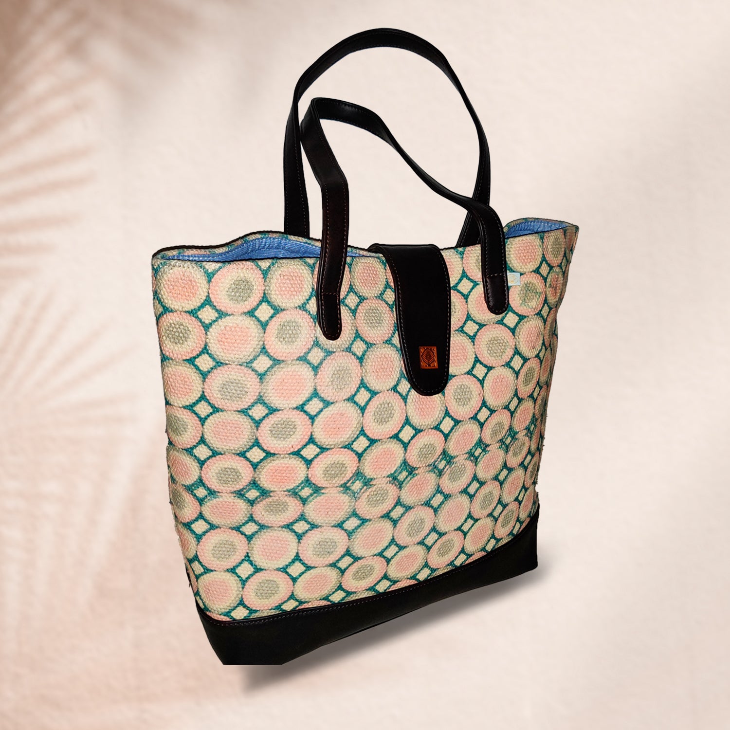 Sweet Love Pink & Green Circle Printed 100% Cotton Sustainable Hand Bag / Shoulder Bag  - 15 x 14 x 6 inches | Peacoy