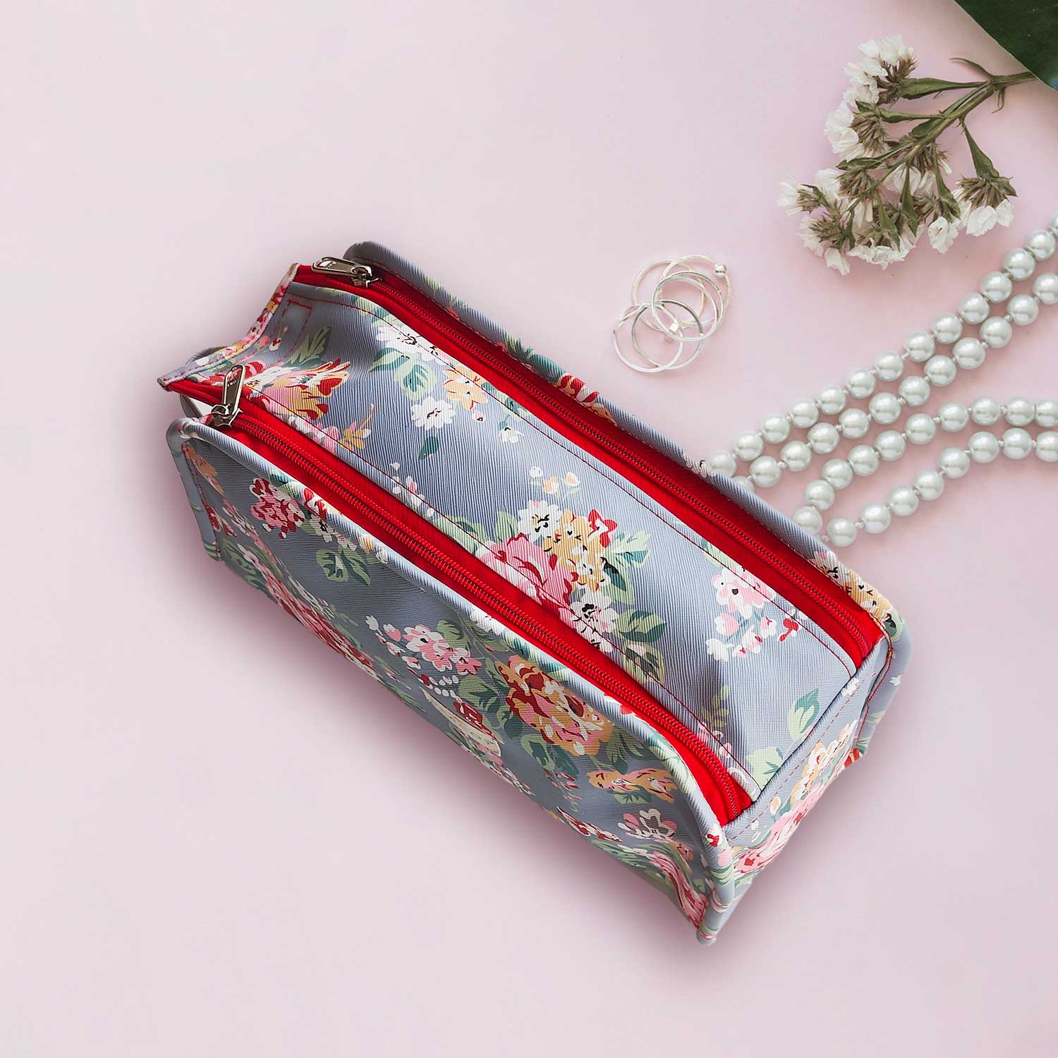 Blue Floral Essentials  Makeup Pouch, Cosmetic Bag Stylish Pouch for Makeup Accessories Travel Organiser Vanity Kit Stationery Toiletry Bag Make up Pouch for Girls and Women