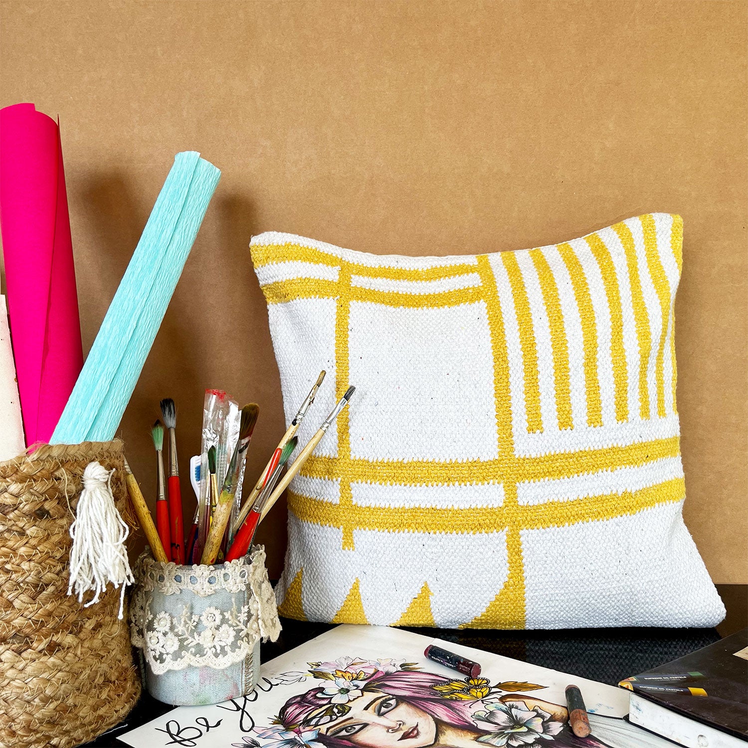 Modern White & Yellows Pure Cotton Cushion Cover - 18 x 18 inches