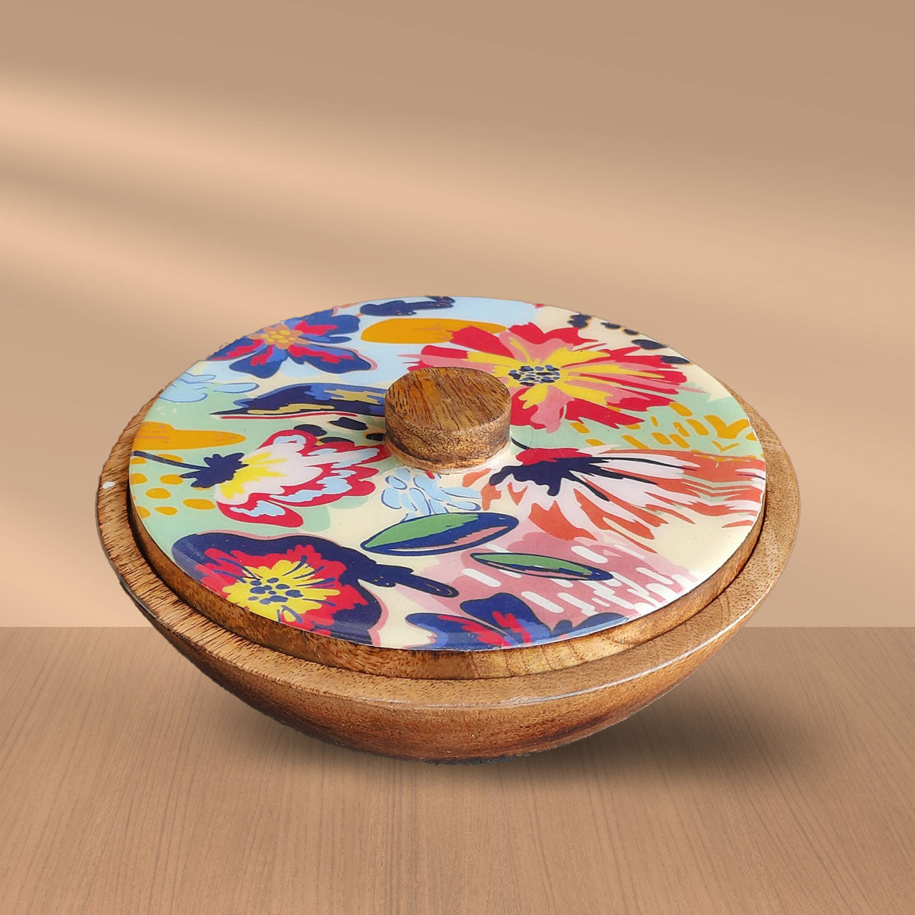 Abstract Floral Mango Wood Serving Bowl with Lid
