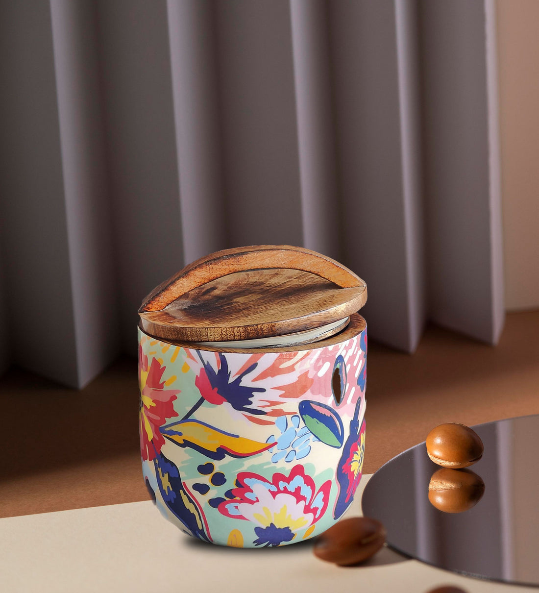 Abstract Floral Mango Wood Airtight Canister | Storage Jar