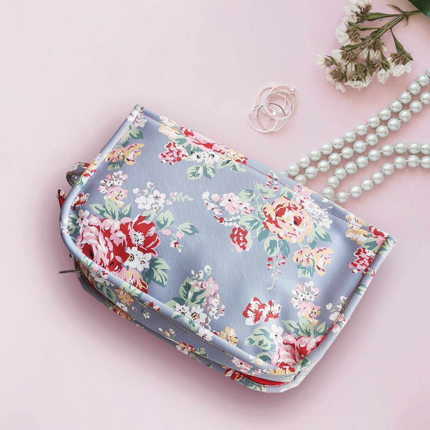 Blue Floral Essentials  Makeup Pouch, Cosmetic Bag Stylish Pouch for Makeup Accessories Travel Organiser Vanity Kit Stationery Toiletry Bag Make up Pouch for Girls and Women