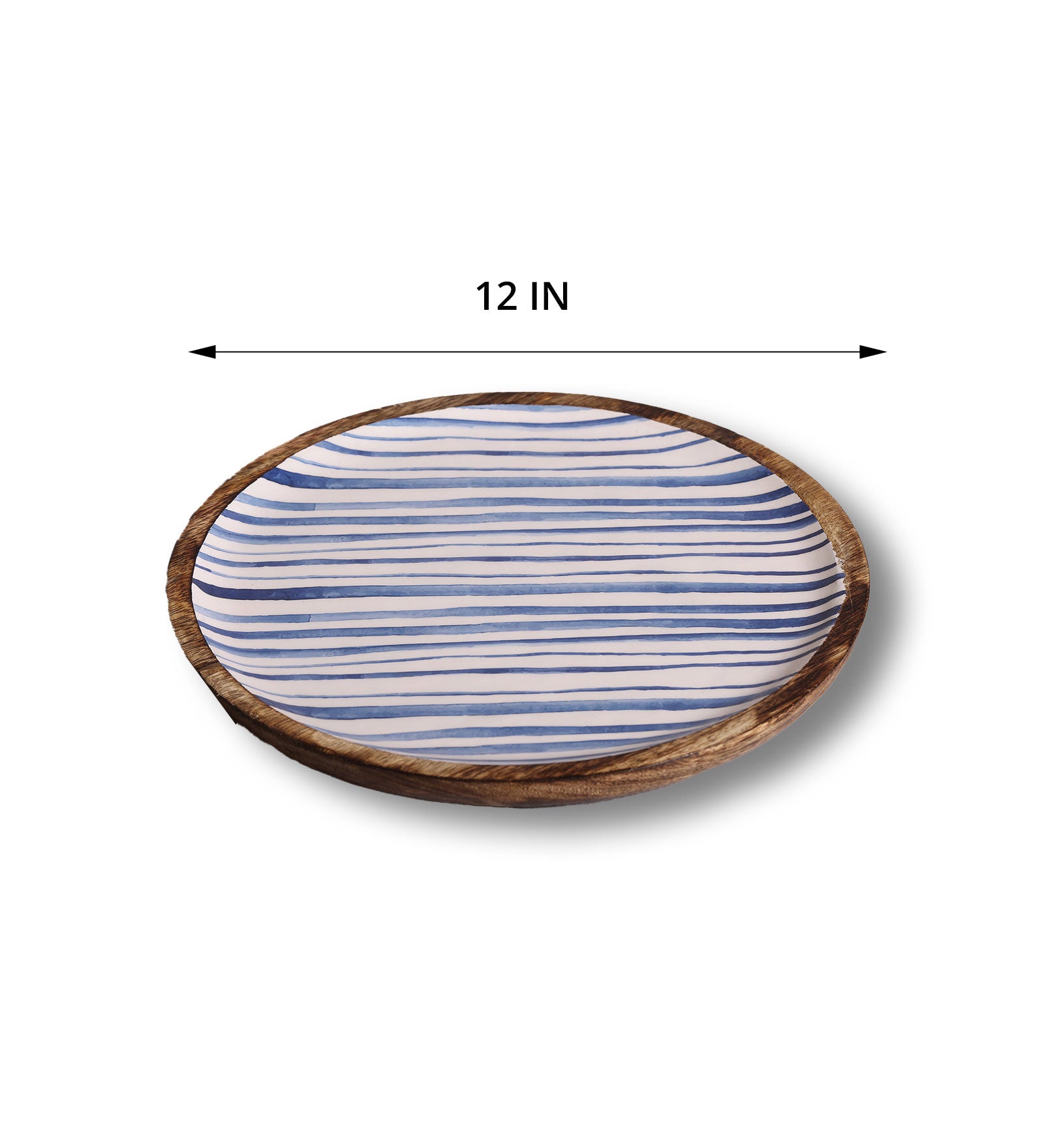 Stripe Love Blue Mango Wood Round Platter With Enamel Finish | Peacoy