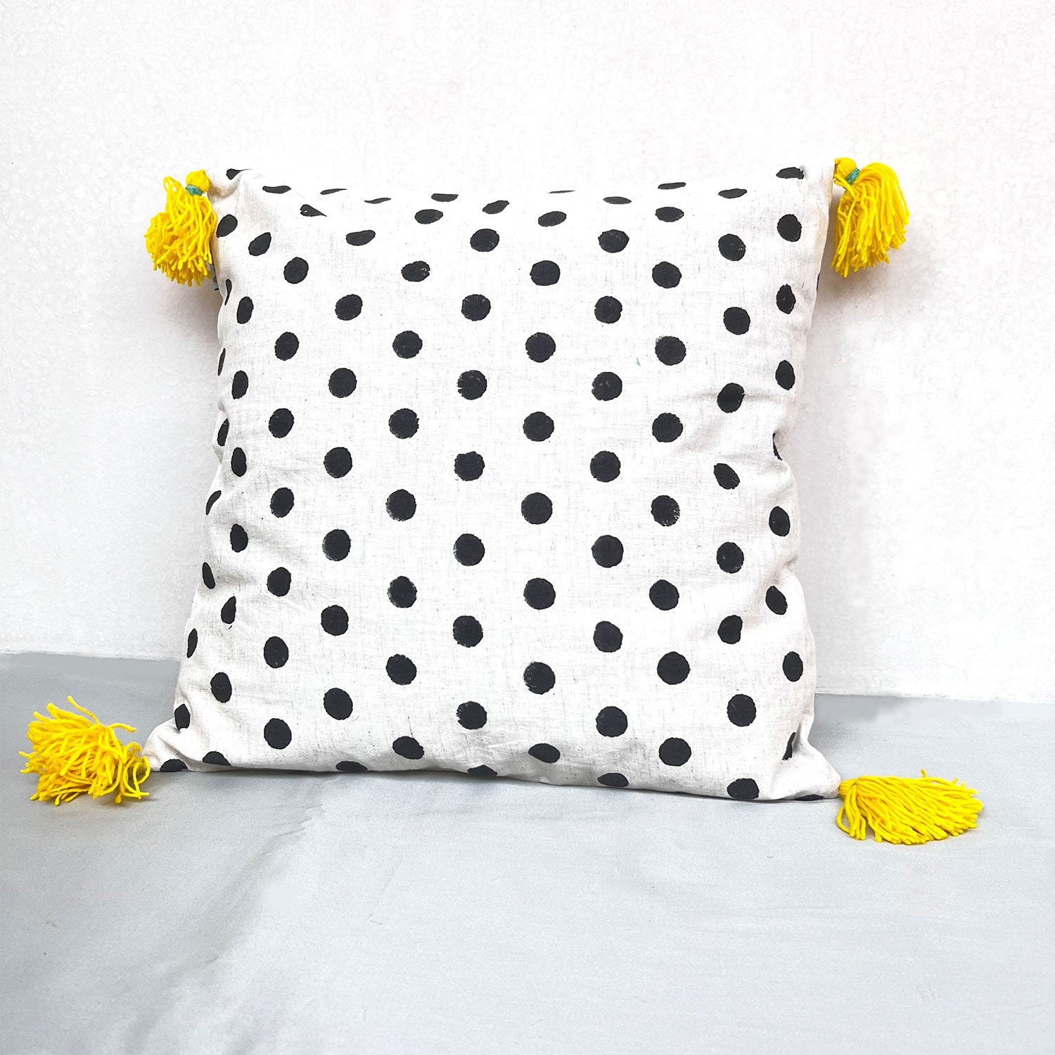 Polka Dot with Pom-Pom Pure Cotton Cushion Cover - 16 x 16 inches