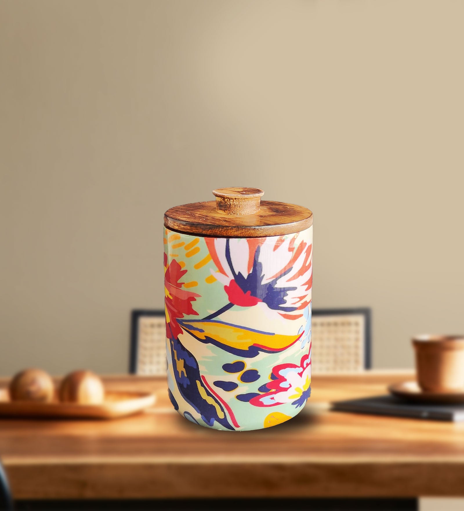 Abstract Floral Mango Wood Airtight Canister | Storage Jar