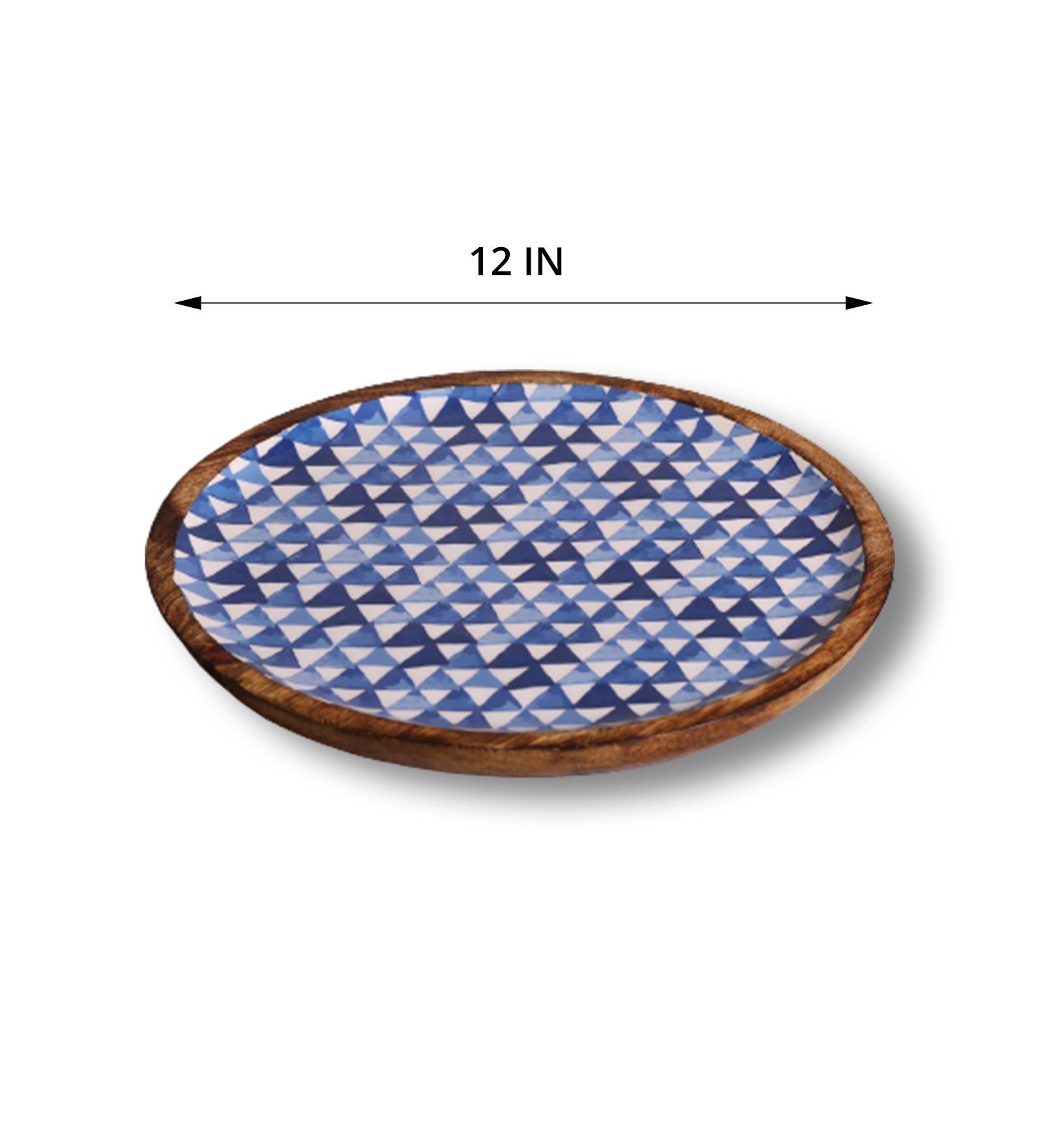 Triangle Maze Blue Round Mango Wood Platter With Enamel Finish | Peacoy