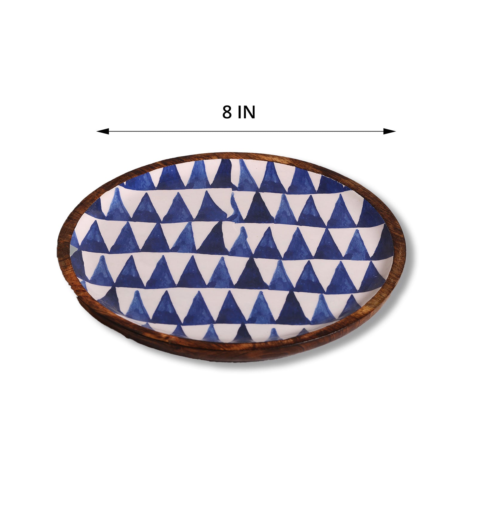 Boho Triangles Blue & White Round Mango Wood Platter With Enamel Finish | Peacoy