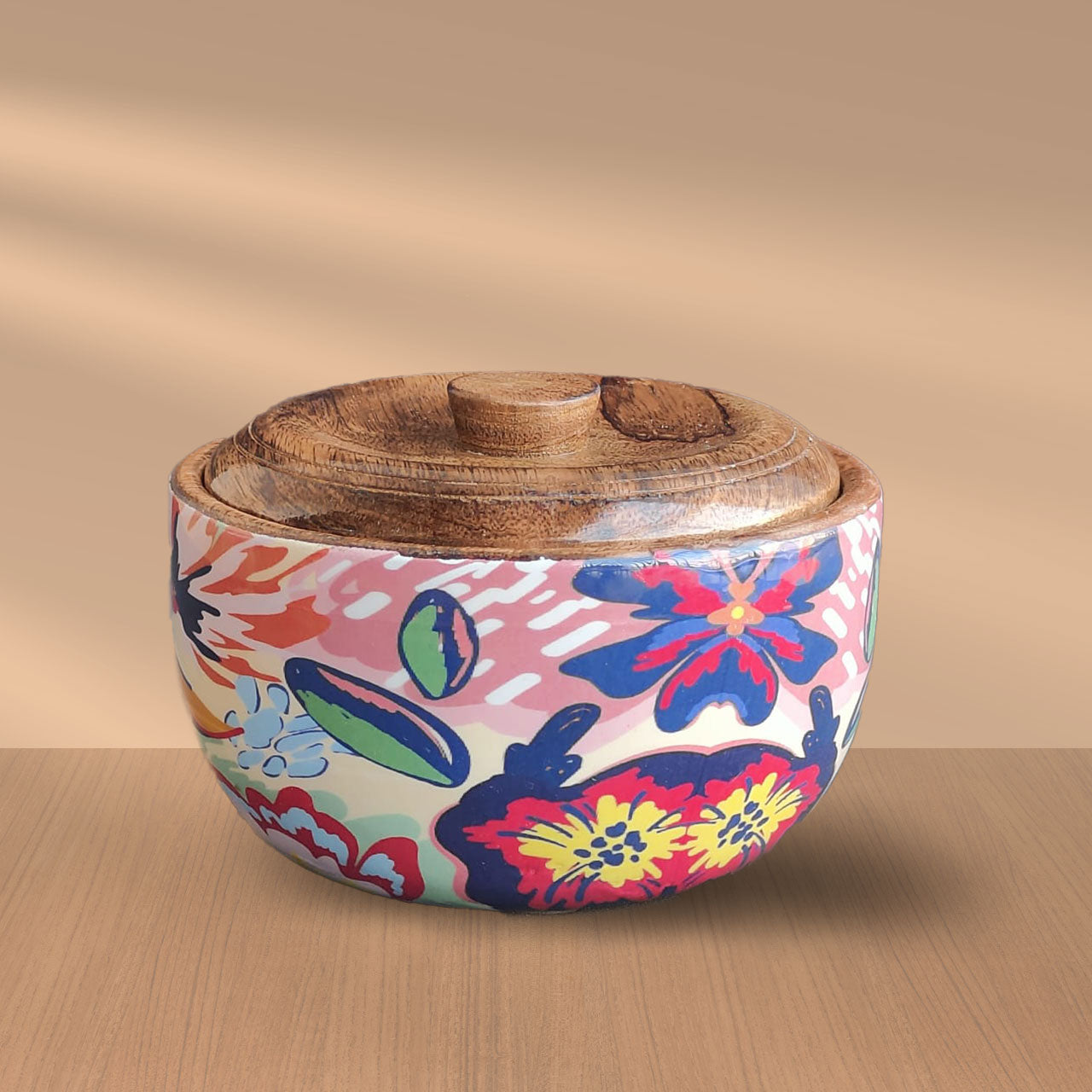 Abstract Floral Mango Wood Salad Bowl with Lid