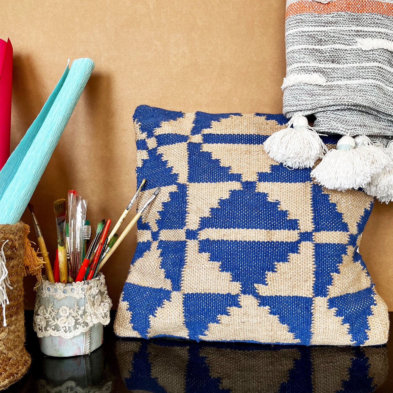 Modern White & Blue Pure Cotton Cushion Cover - 18 x 18 inches