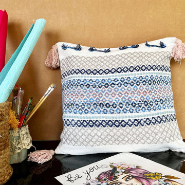 White & Blue Pure Cotton Cushion Cover with Tassels- 18 x 18 inches