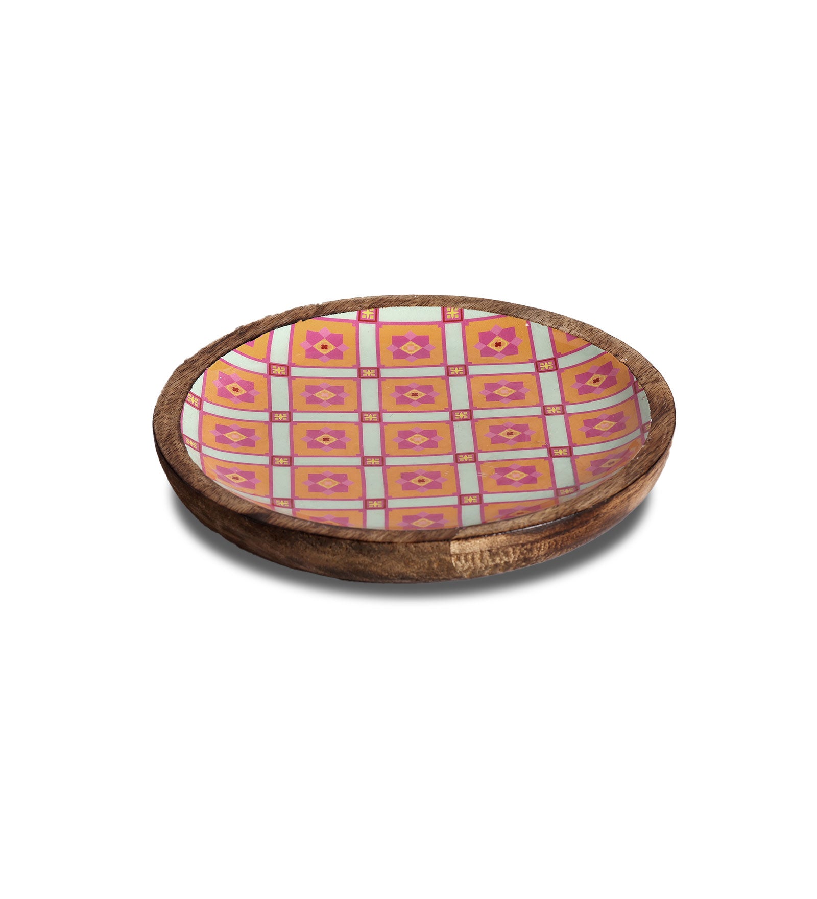 Pretty Pink Floral Charm Round Mango Wood Platter with Enamel Finish | Peacoy