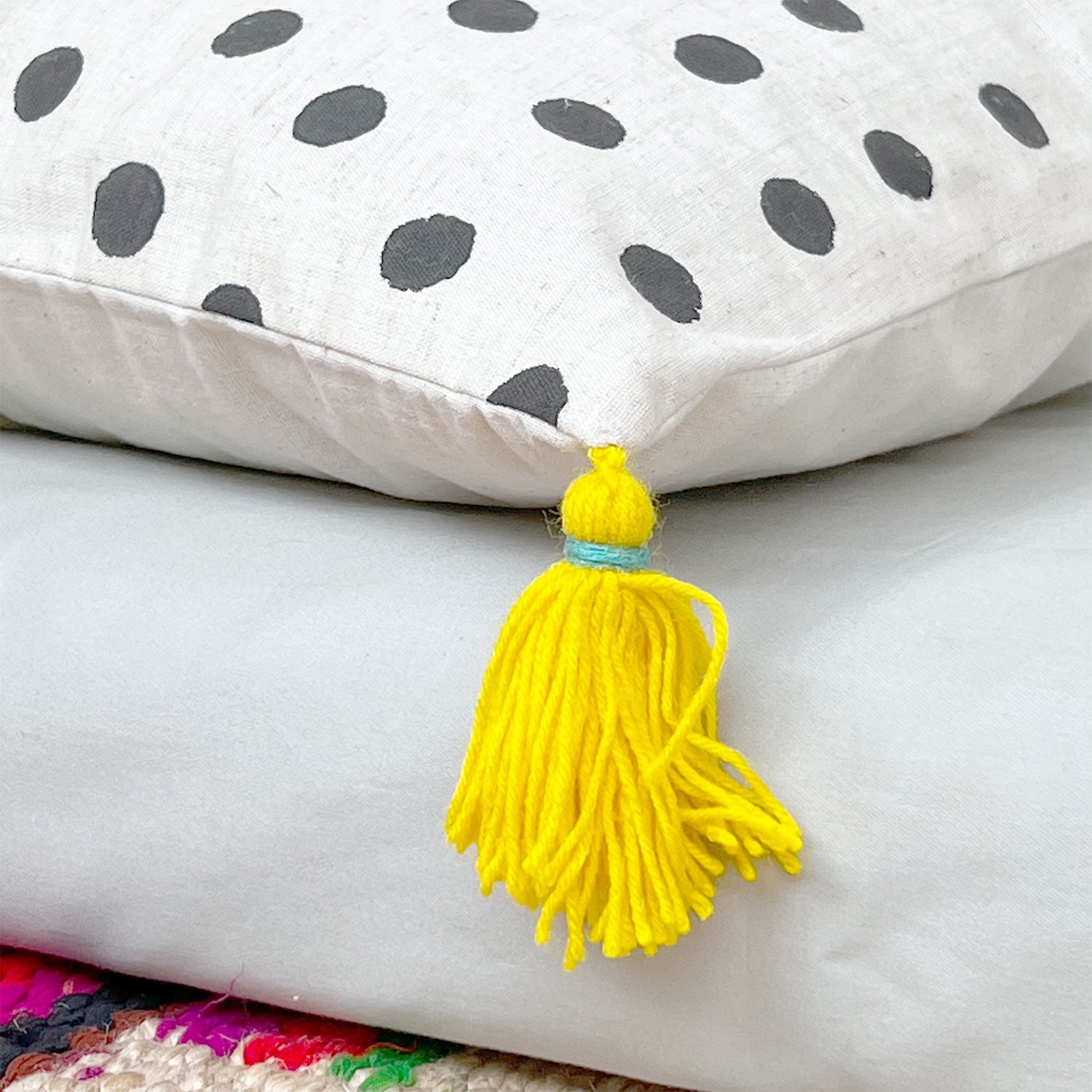 Polka Dot with Pom-Pom Pure Cotton Cushion Cover - 16 x 16 inches