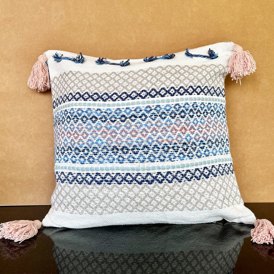 White & Blue Pure Cotton Cushion Cover with Tassels- 18 x 18 inches