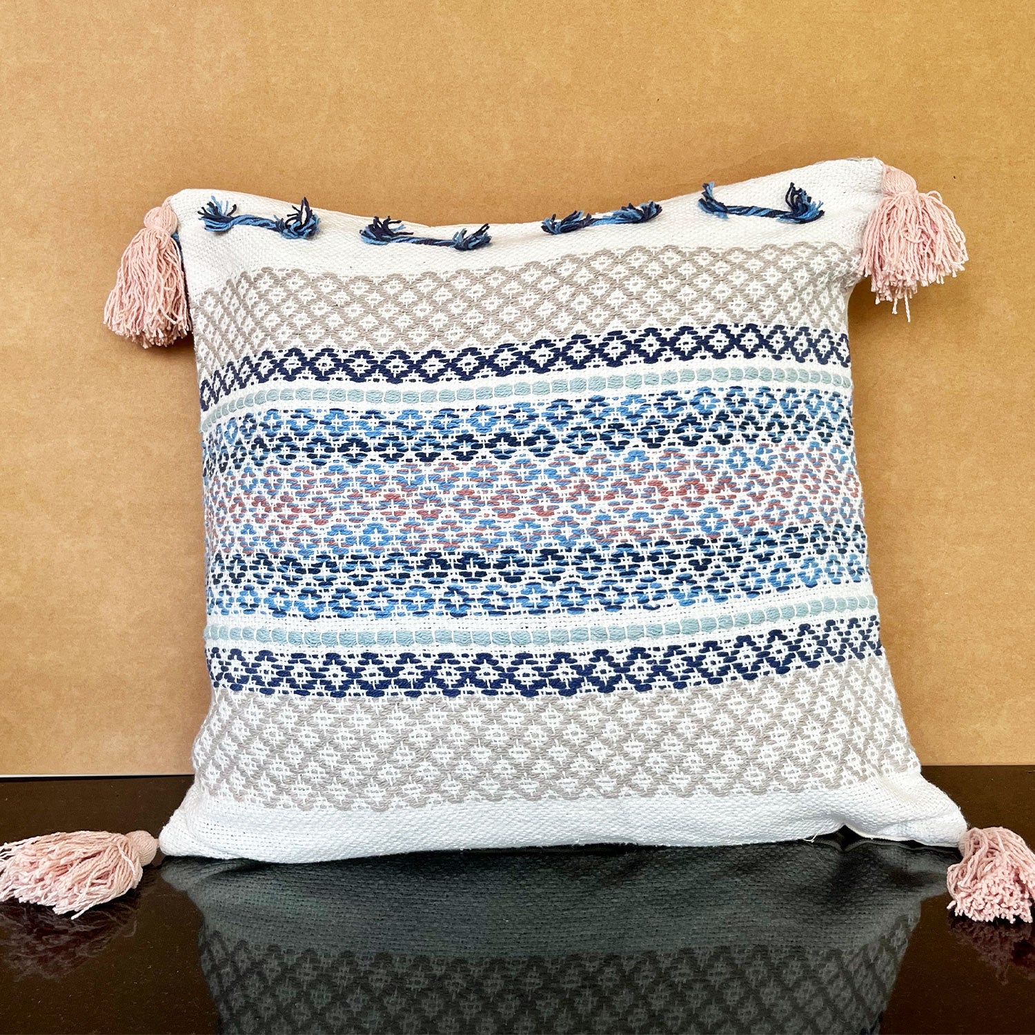 White & Blue Pure Cotton Cushion Cover with Tassels- 18 x 18 inches