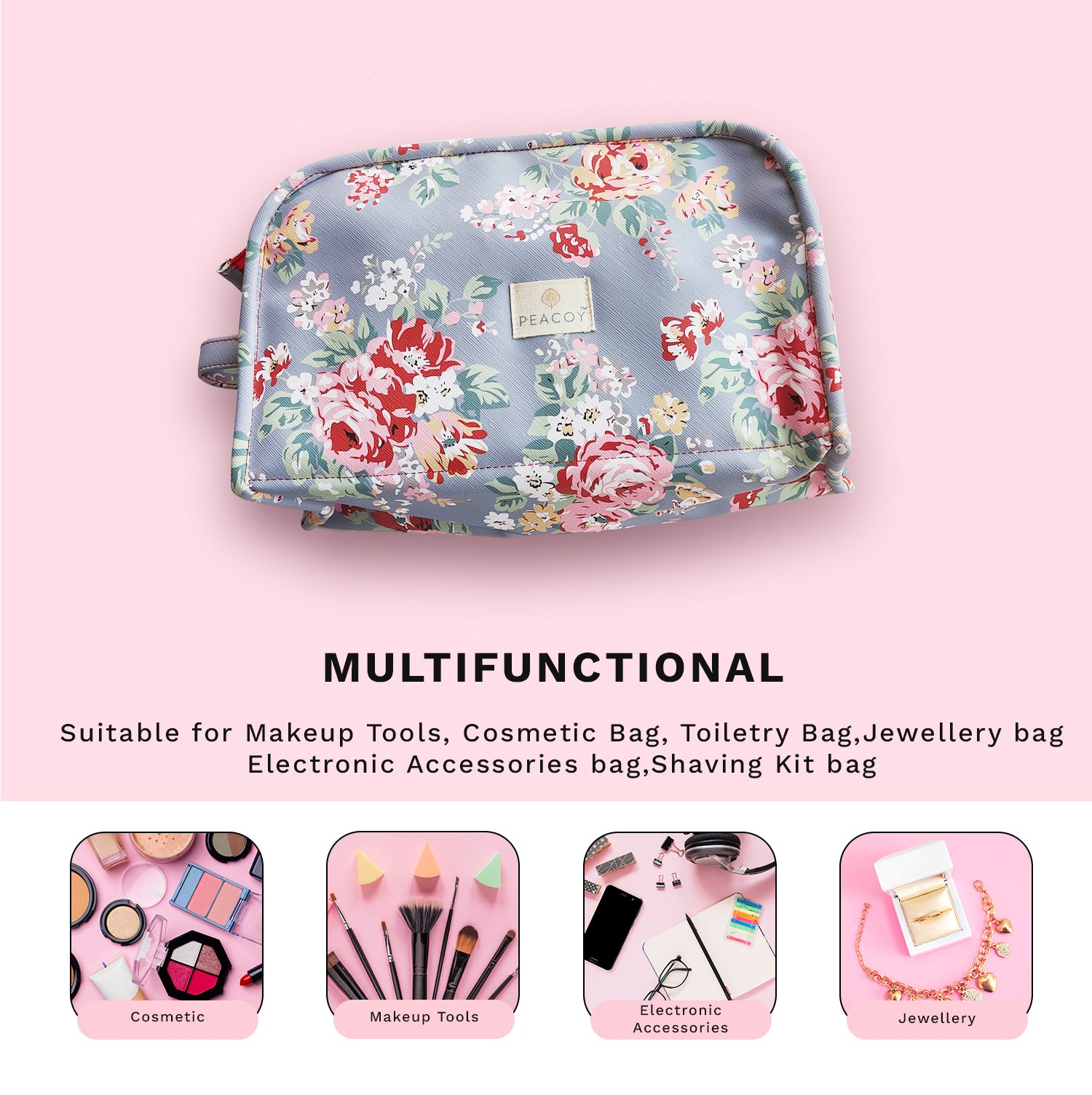 Blue Floral Essentials  Makeup Pouch, Cosmetic Bag Stylish Pouch for Makeup Accessories Travel Organiser Vanity Kit Stationery Toiletry Bag Make up Pouch for Girls and Women