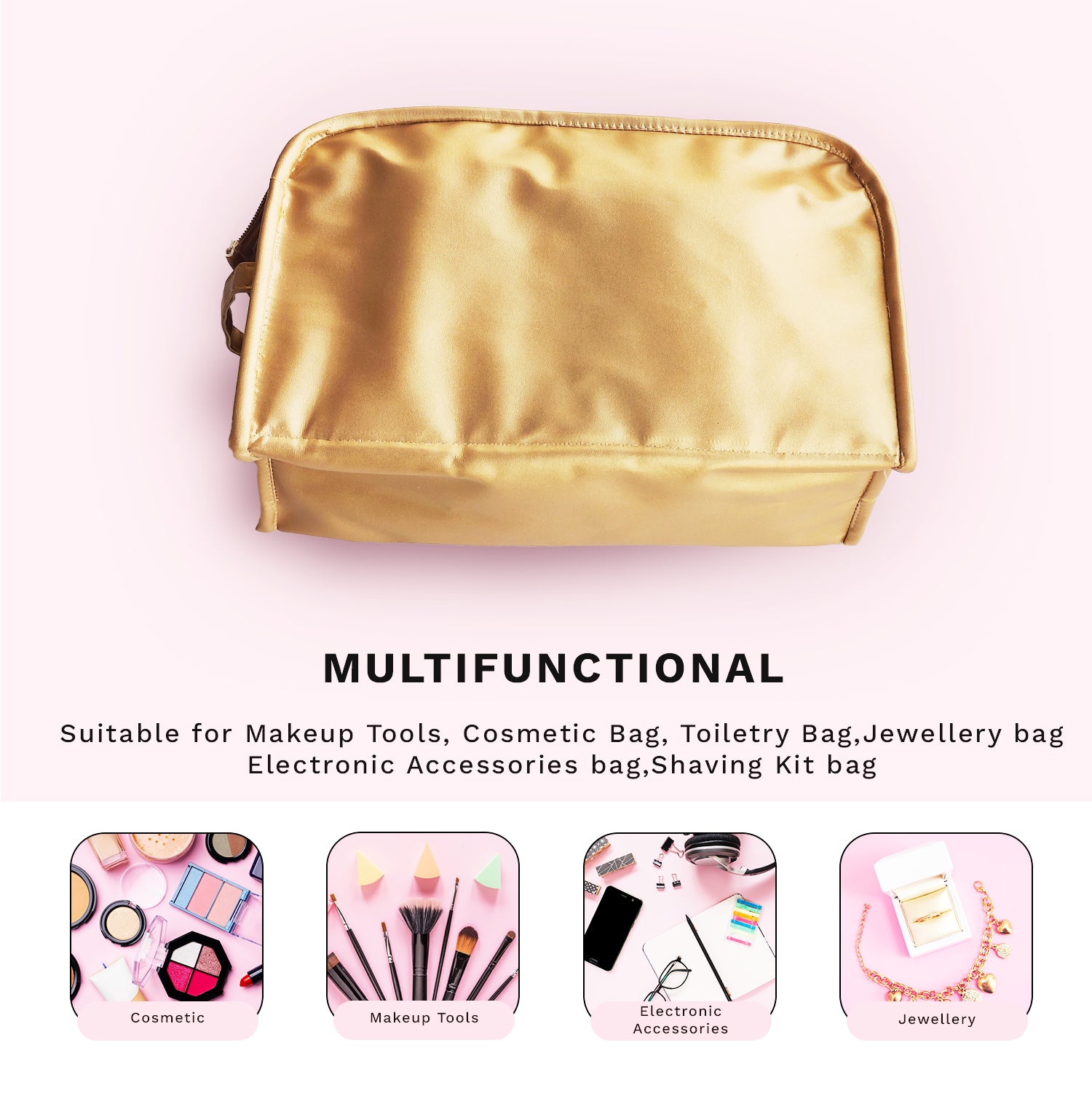 Multipurpose Golden Cosmetic Bag Pouches, Travel Kit, Makeup Pouch, Toiletry Bag