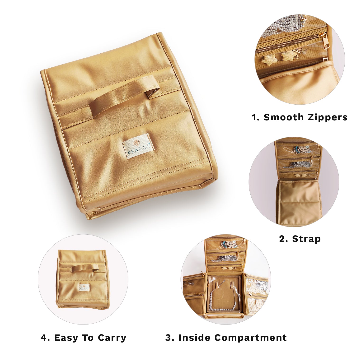 Golden Travel Jewellery Organiser, Jewelry Storage Bags for women for Earrings, Rings, Bracelet With 2 Transparent Pouches, 2 Compartments for Rings and Earrings and 8 Zipper compartments