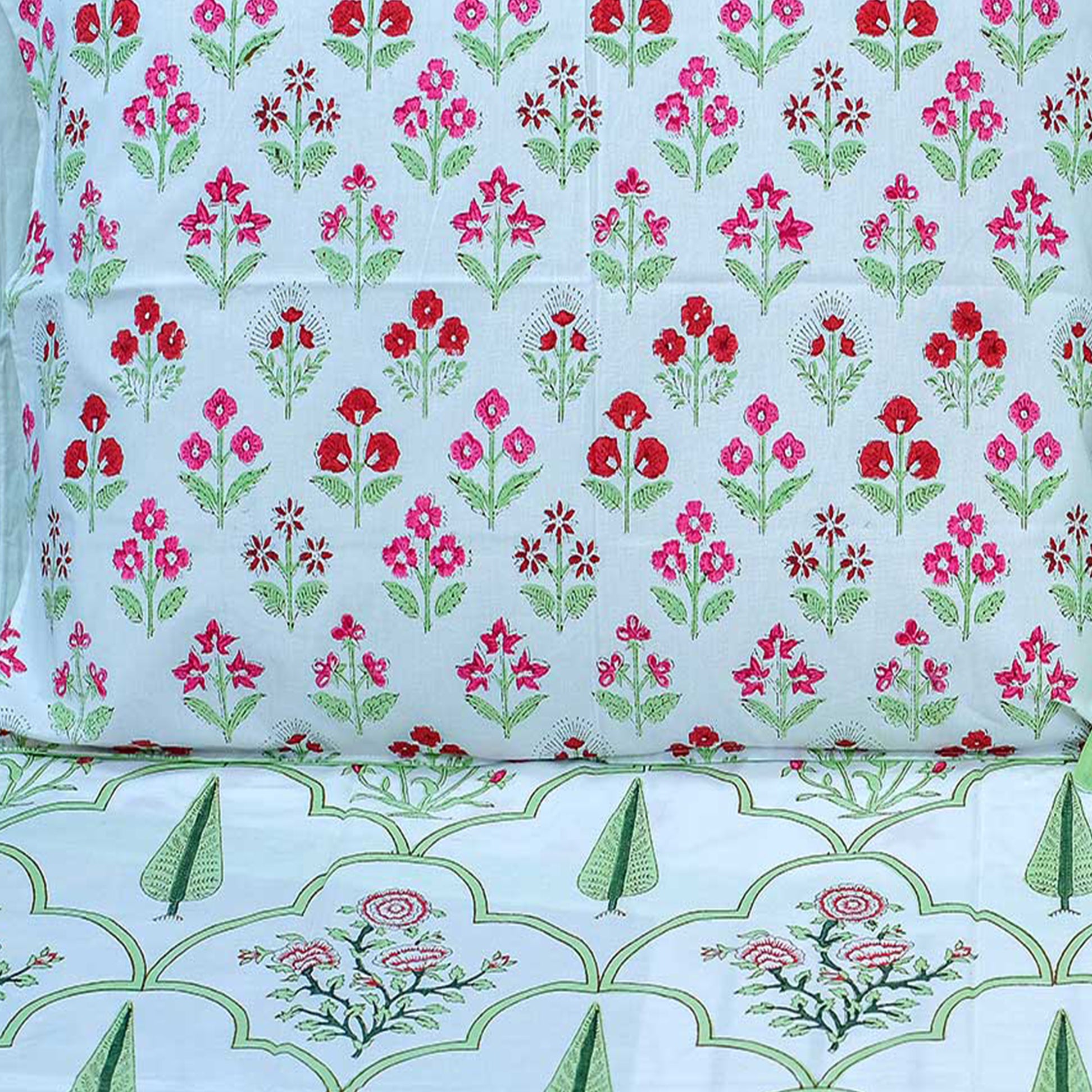 Refreshing Green & Pink Jaal Block Printed 210 Thread Count Cotton Double Bedsheet Set With 2 Pillow Covers
