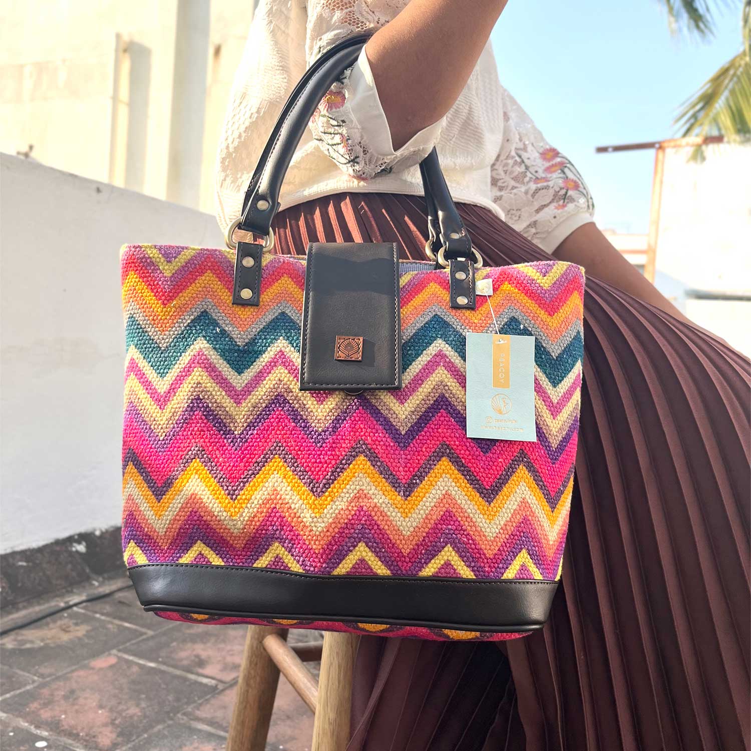 Vibrant Zigzags Multicolor 100 % Cotton Sustainable Hand Bag / Shoulder Bag  - 14 x 11 x 4 inches | Peacoy