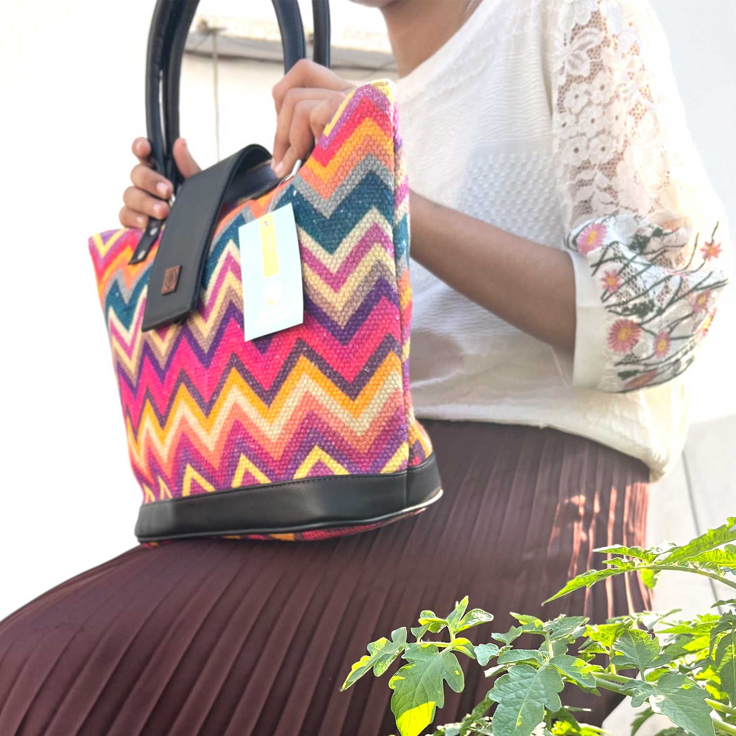 Vibrant Zigzags Multicolor 100 % Cotton Sustainable Hand Bag / Shoulder Bag  - 14 x 11 x 4 inches | Peacoy