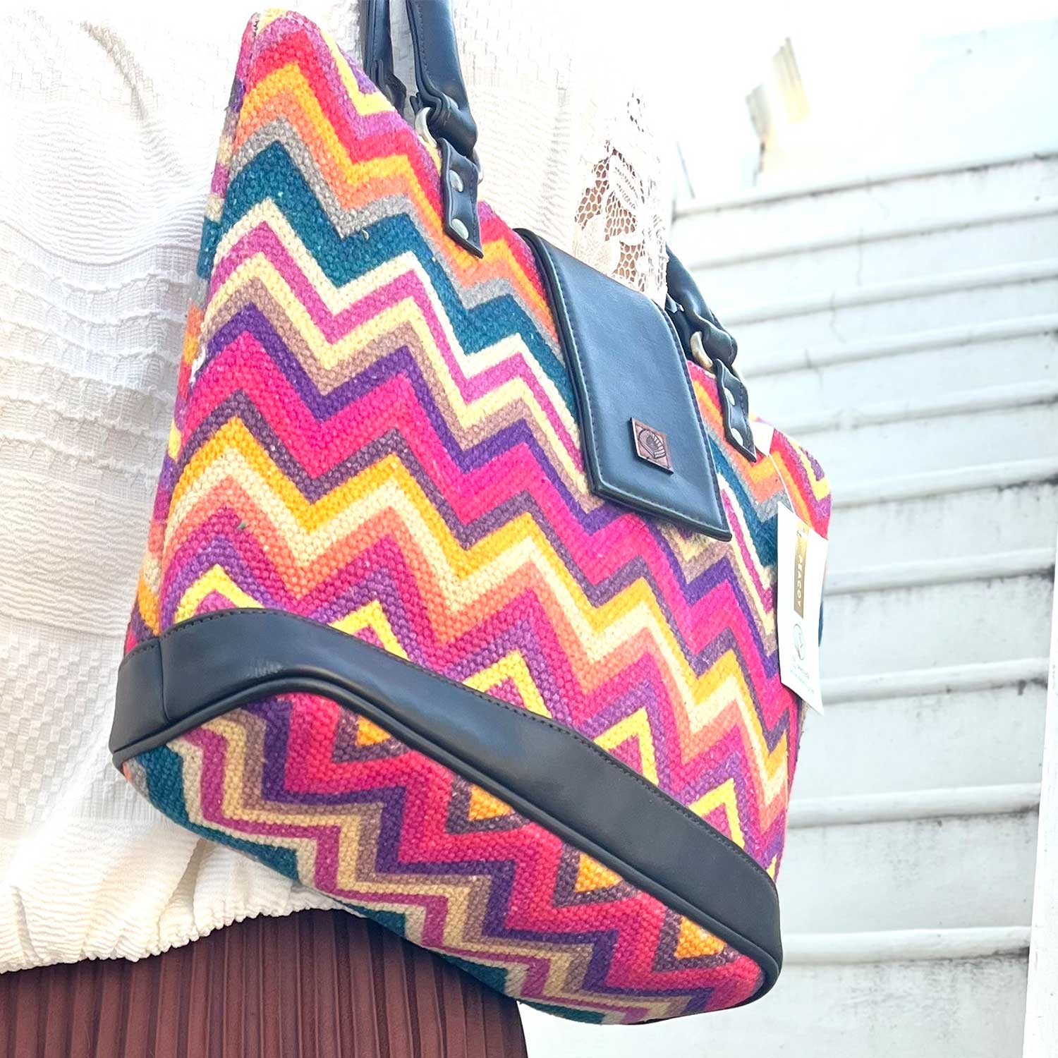 Vibrant Zigzags Multicolor 100 % Cotton Sustainable Hand Bag / Shoulder Bag  - 14 x 11 x 4 inches | Peacoy