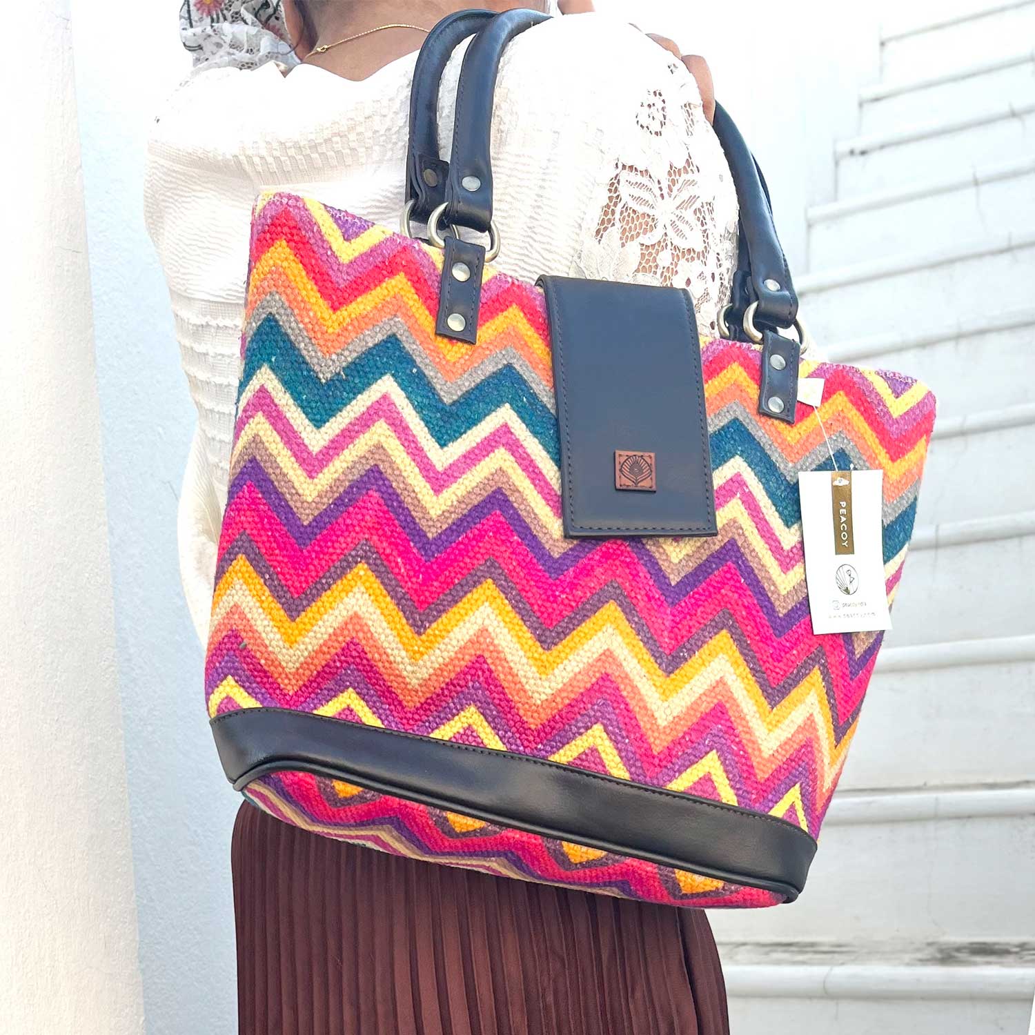 Vibrant Zigzags Multicolor 100 % Cotton Sustainable Hand Bag / Shoulder Bag  - 14 x 11 x 4 inches | Peacoy