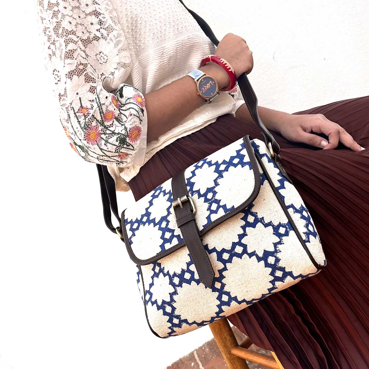 Sustainable Designer Blue Affair 100 % Cotton Sling Bag  - 10 x 10 x 3 inches | Peacoy