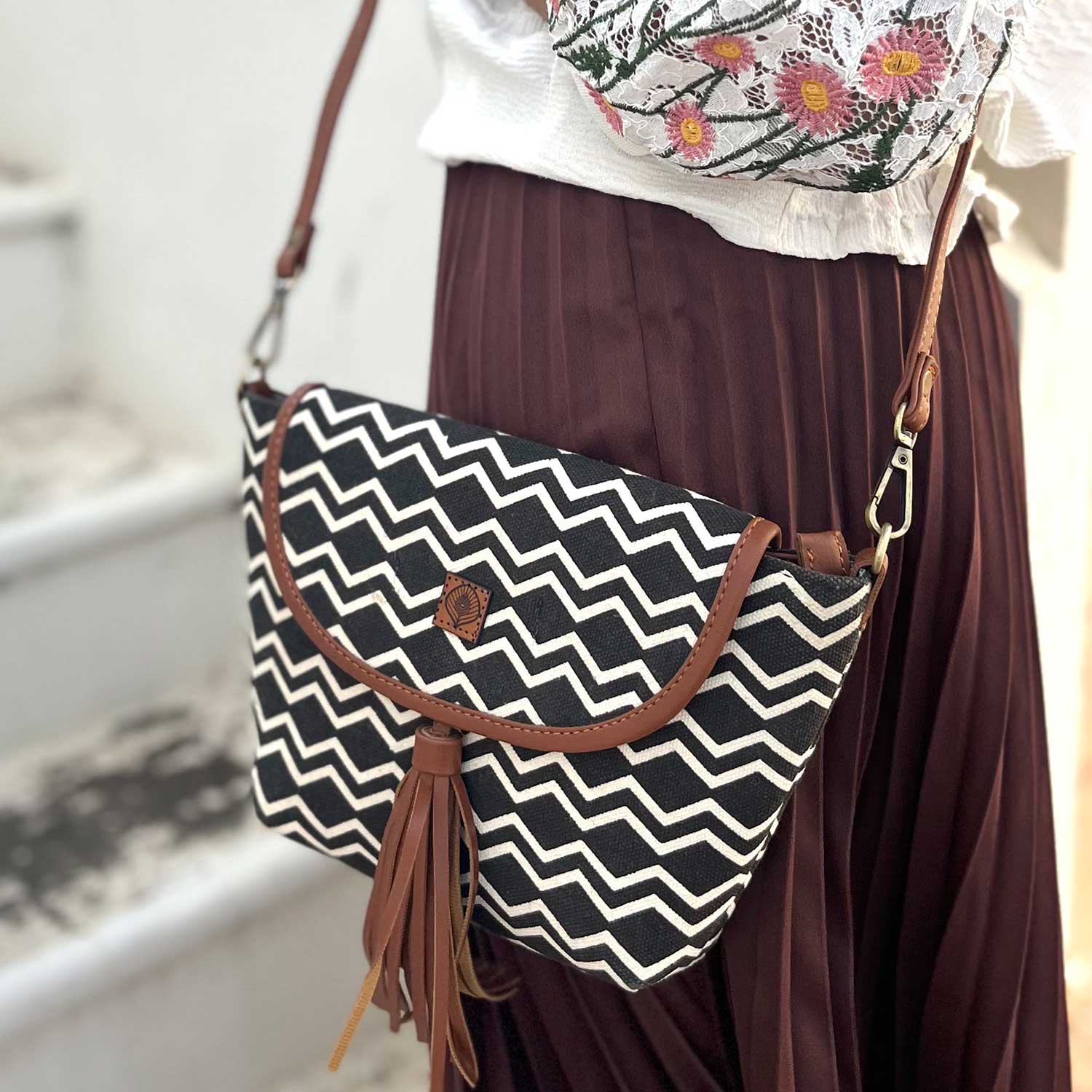 Chic Love Black & White Sustainable 100 % Cotton Sling Bag - 11 x 7 x 2 inches | Peacoy