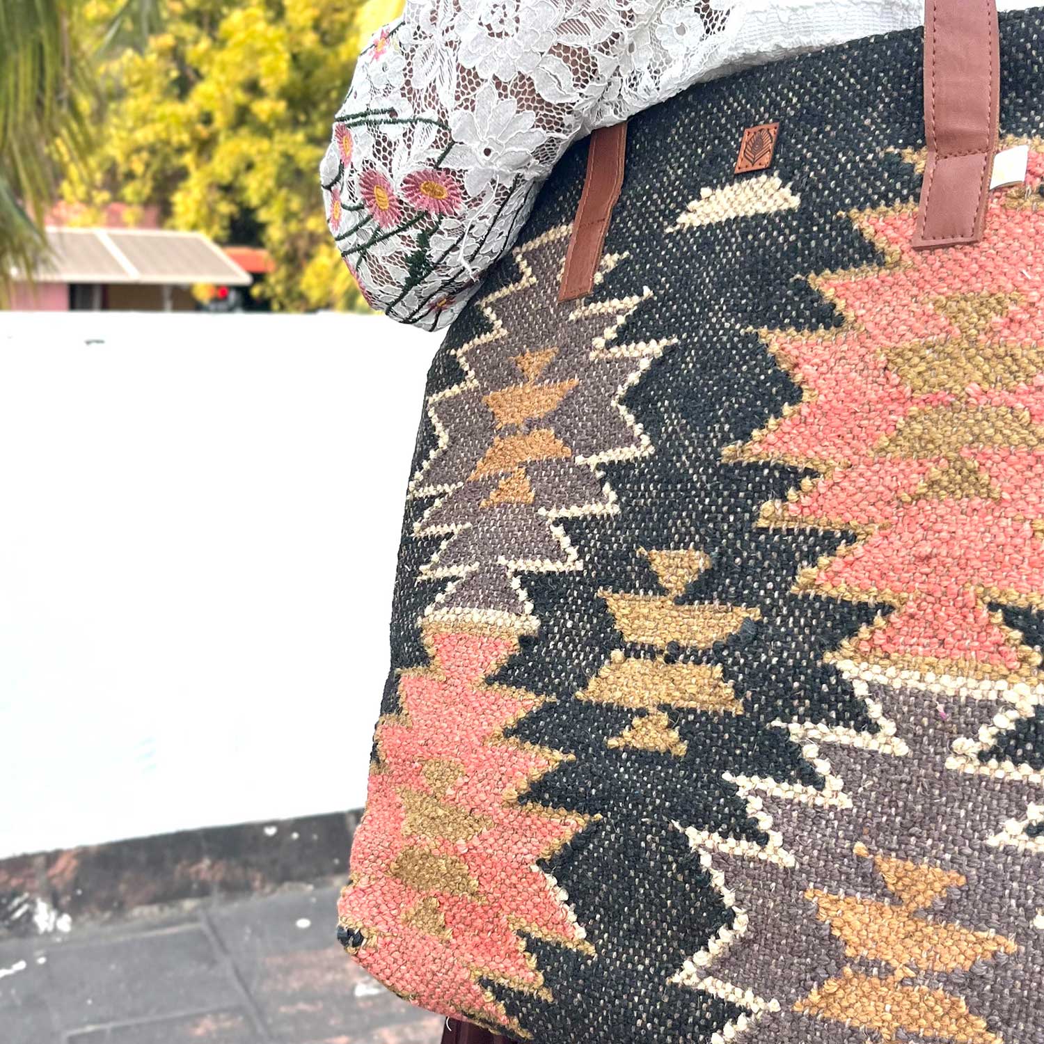 Aesthetic Fashion Kilim Jute & Cotton Handbag / Shoulder Bag - 16 x 15 x 5 inches | Peacoy