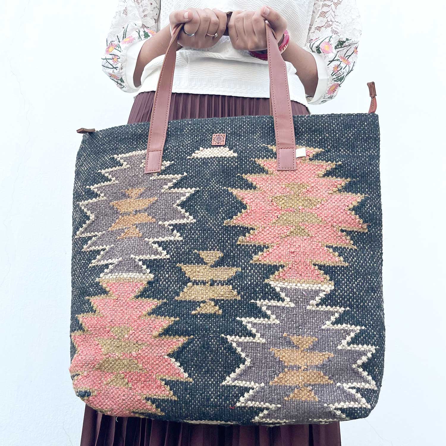 Aesthetic Fashion Kilim Jute & Cotton Handbag / Shoulder Bag - 16 x 15 x 5 inches | Peacoy