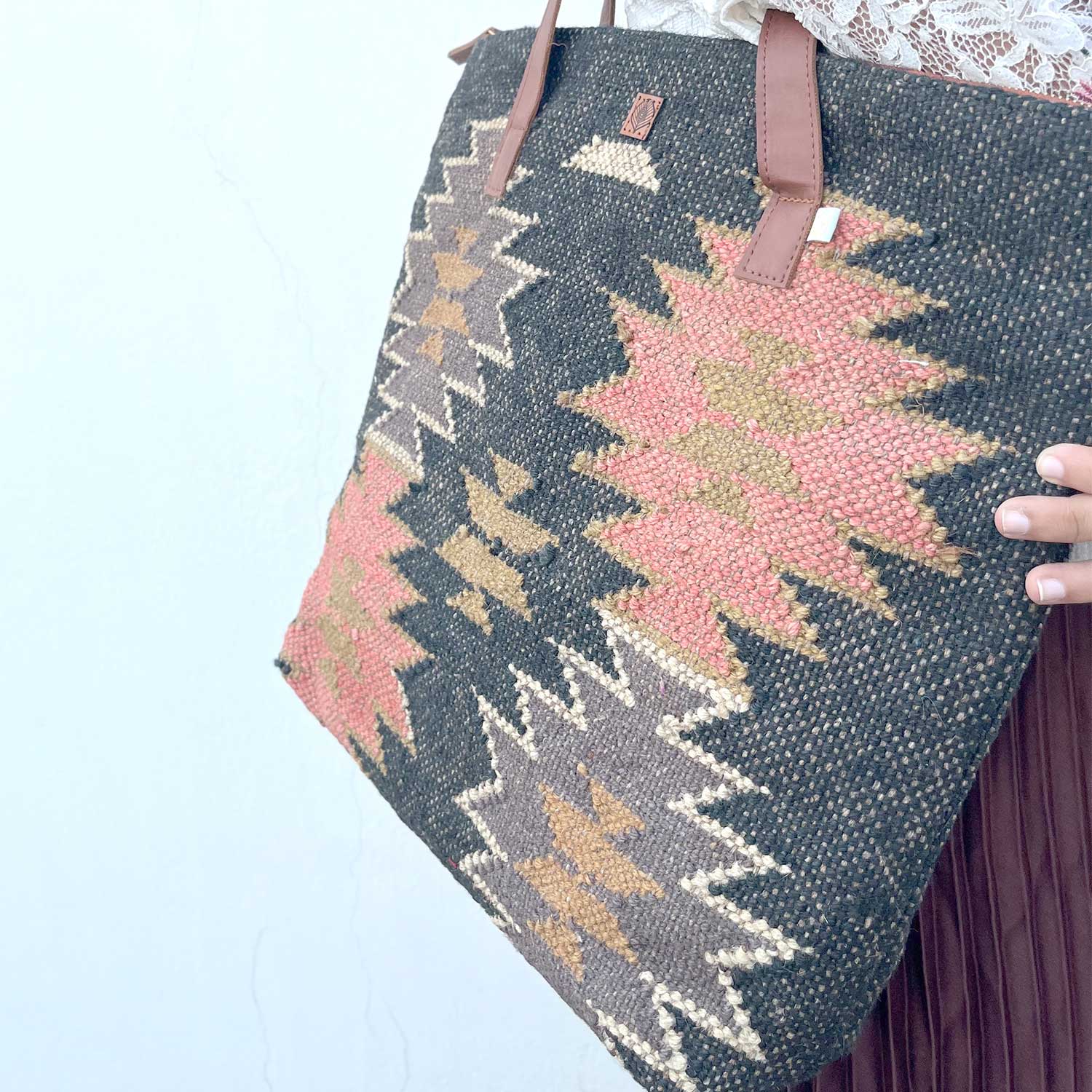 Aesthetic Fashion Kilim Jute & Cotton Handbag / Shoulder Bag - 16 x 15 x 5 inches | Peacoy