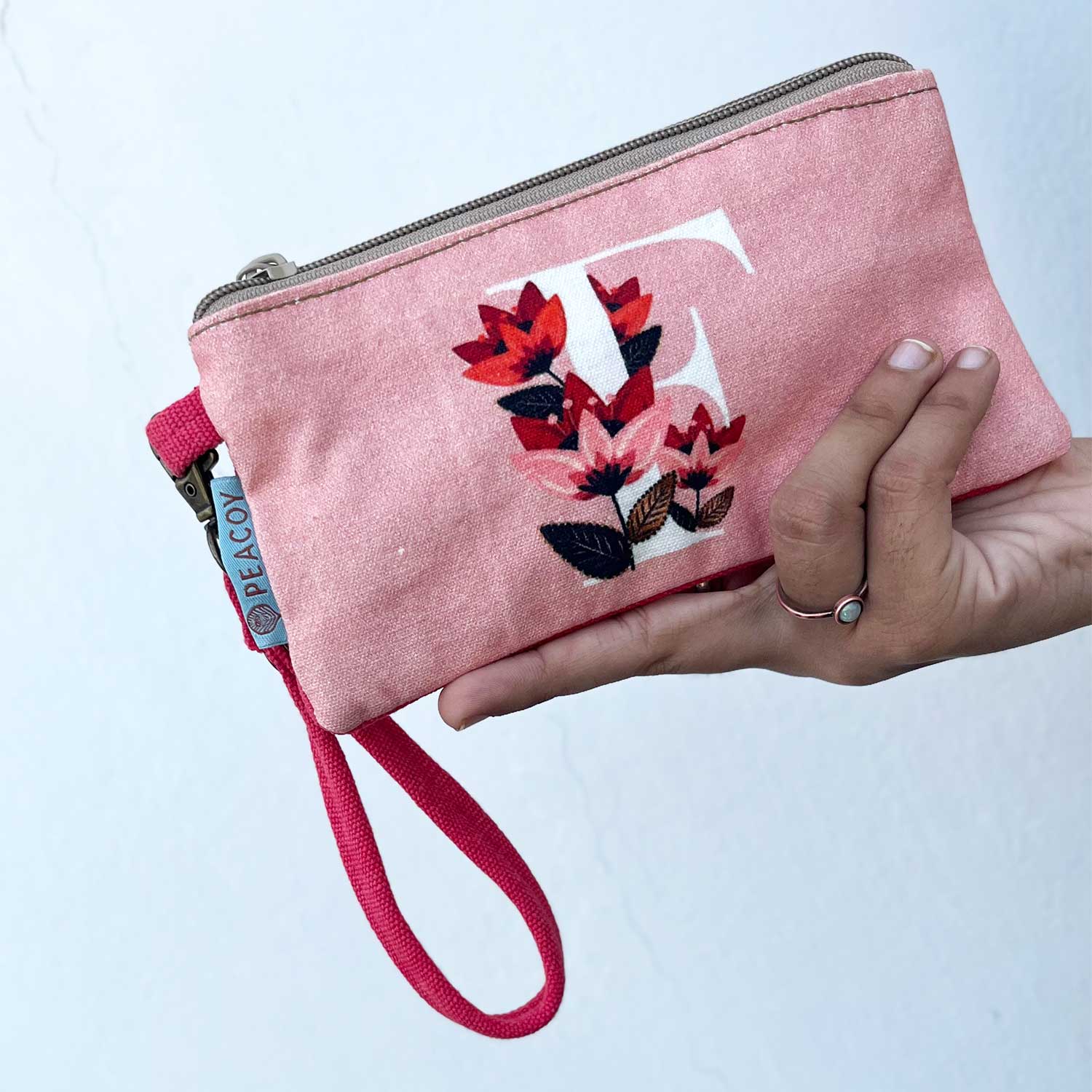 100% Cotton Pink Utility Pouch With Alphabet F - 7 inches x 5 inches | Peacoy