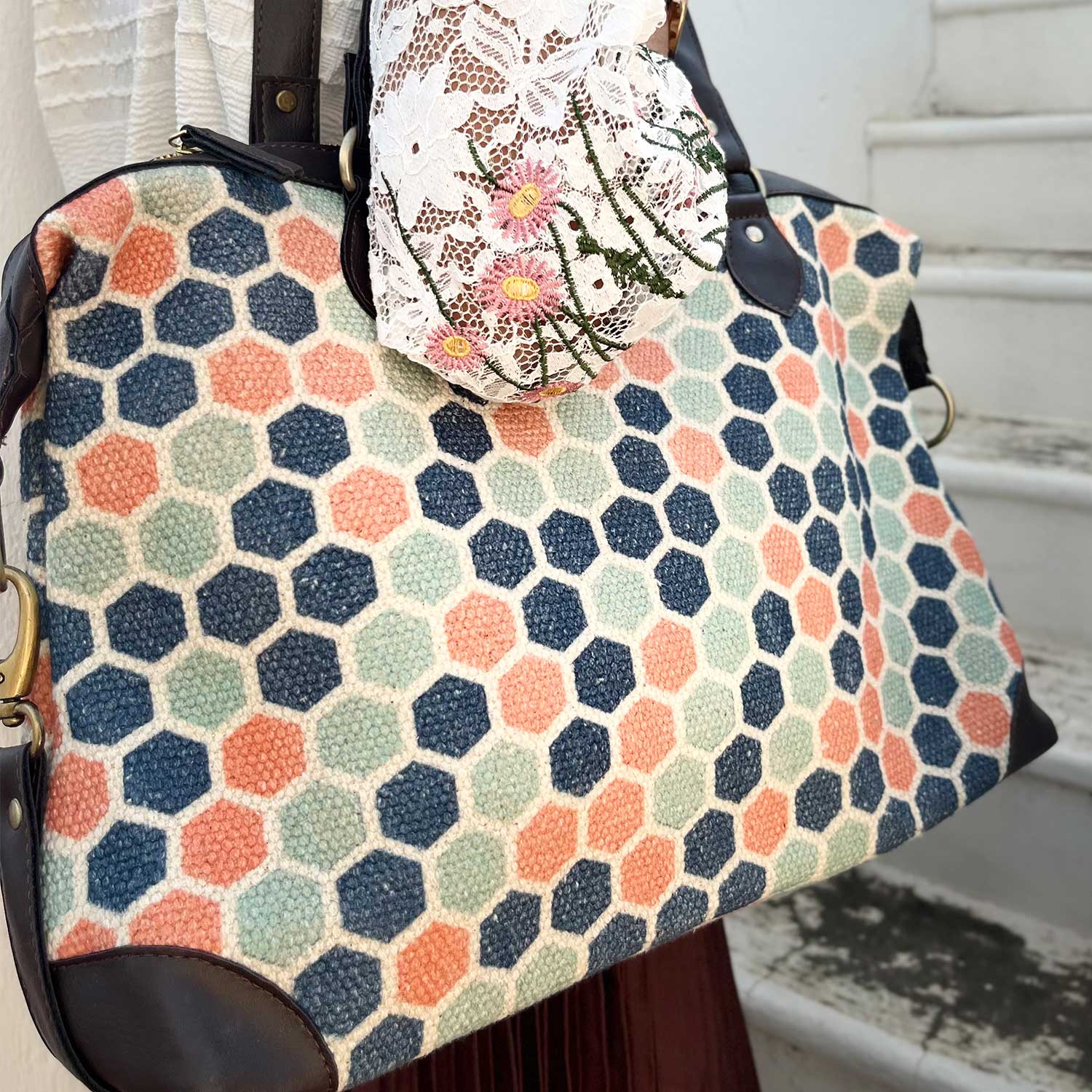 Style Goddess Honeycomb Printed Blue & Pink 100 % Cotton Sustainable Handbag / Shoulder Bag - 17 x 11 x 6 inches | Peacoy