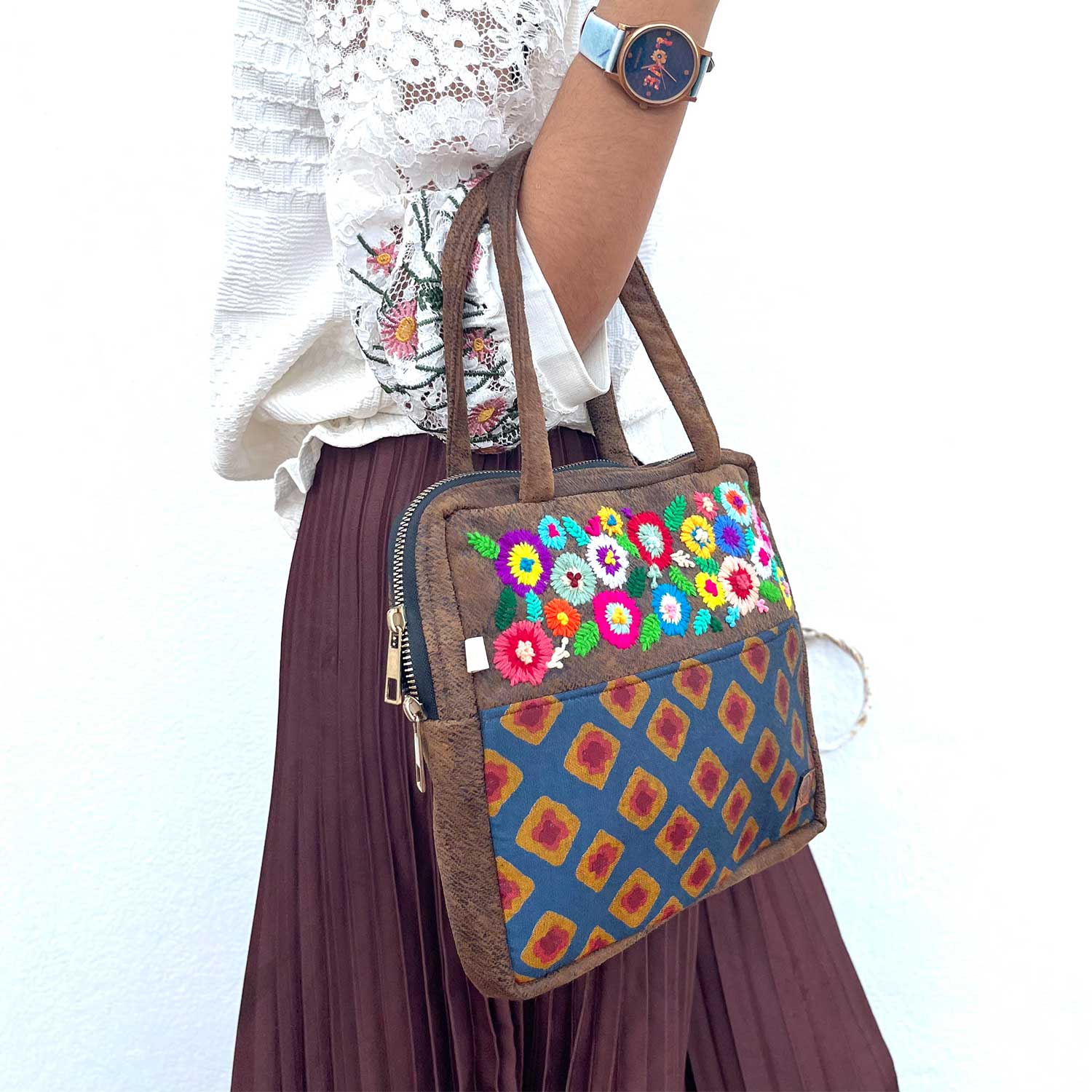 Fresh Dazzle Suede Leather Finish Floral Embroidery Handbag / Shoulder Bag - 8 x 10 x 11 inches | Peacoy
