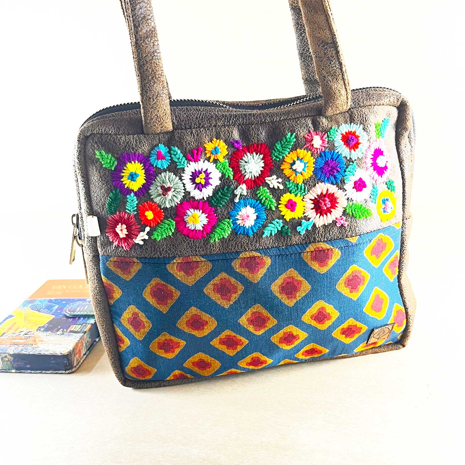 Fresh Dazzle Suede Leather Finish Floral Embroidery Handbag / Shoulder Bag - 8 x 10 x 11 inches | Peacoy