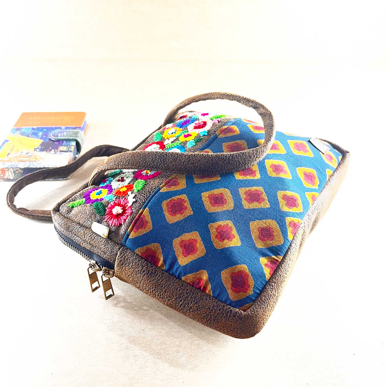 Fresh Dazzle Suede Leather Finish Floral Embroidery Handbag / Shoulder Bag - 8 x 10 x 11 inches | Peacoy