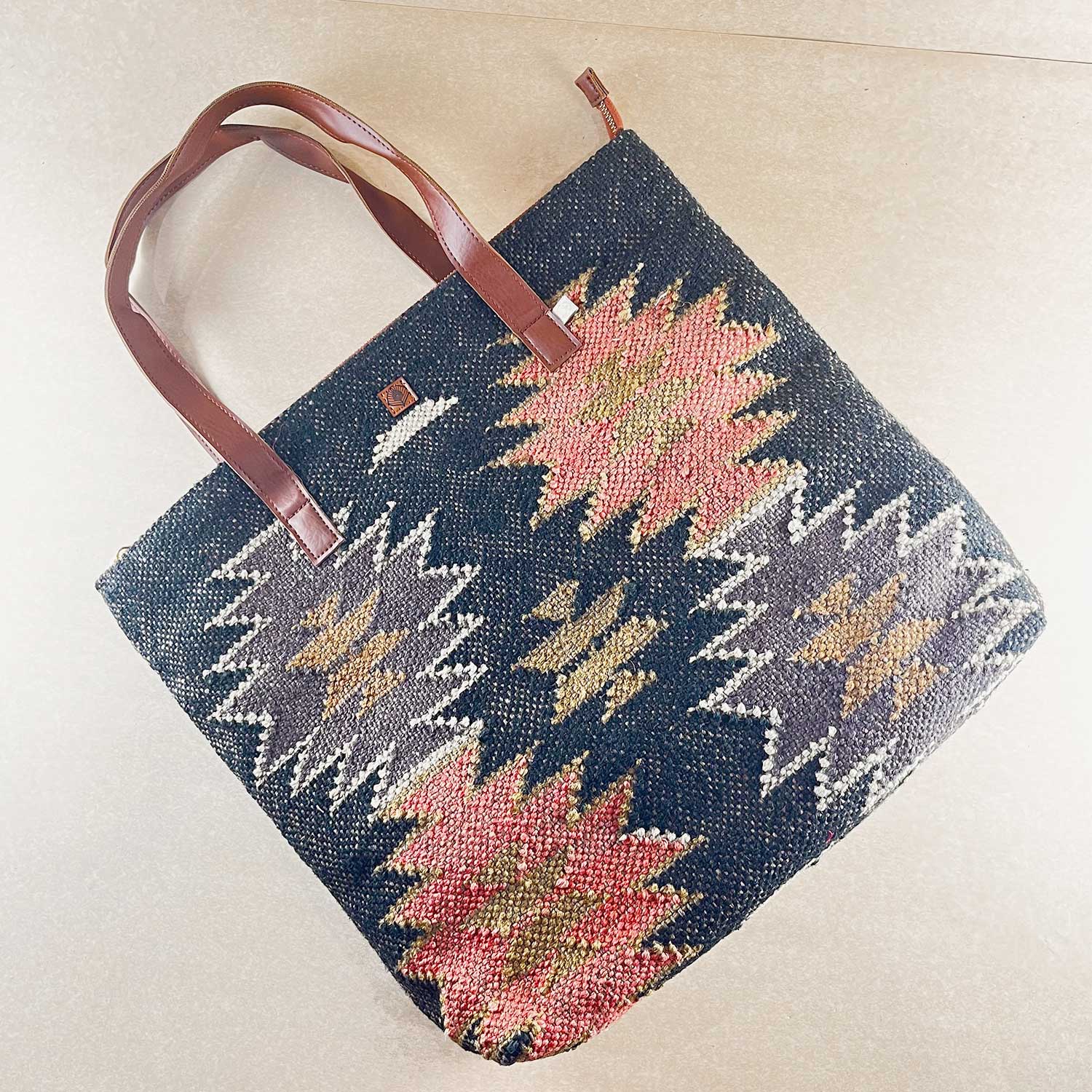 Aesthetic Fashion Kilim Jute & Cotton Handbag / Shoulder Bag - 16 x 15 x 5 inches | Peacoy