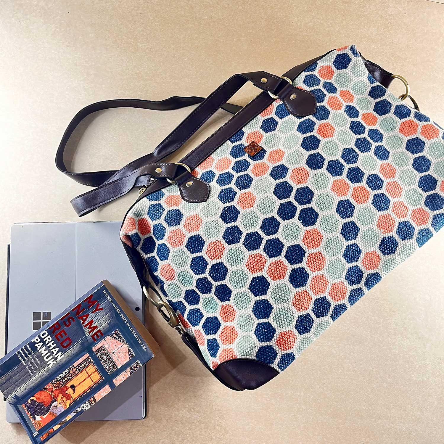 Style Goddess Honeycomb Printed Blue & Pink 100 % Cotton Sustainable Handbag / Shoulder Bag - 17 x 11 x 6 inches | Peacoy