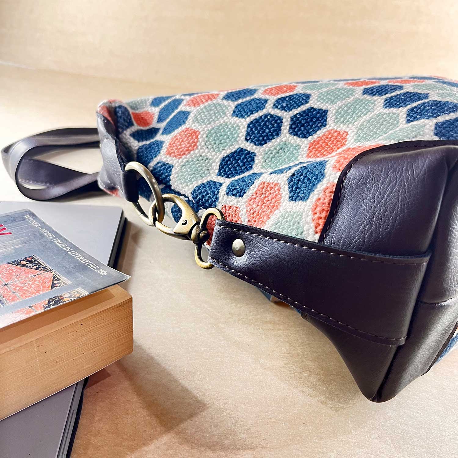 Style Goddess Honeycomb Printed Blue & Pink 100 % Cotton Sustainable Handbag / Shoulder Bag - 17 x 11 x 6 inches | Peacoy