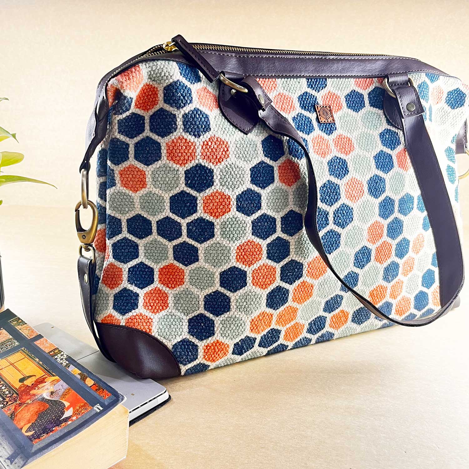 Style Goddess Honeycomb Printed Blue & Pink 100 % Cotton Sustainable Handbag / Shoulder Bag - 17 x 11 x 6 inches | Peacoy