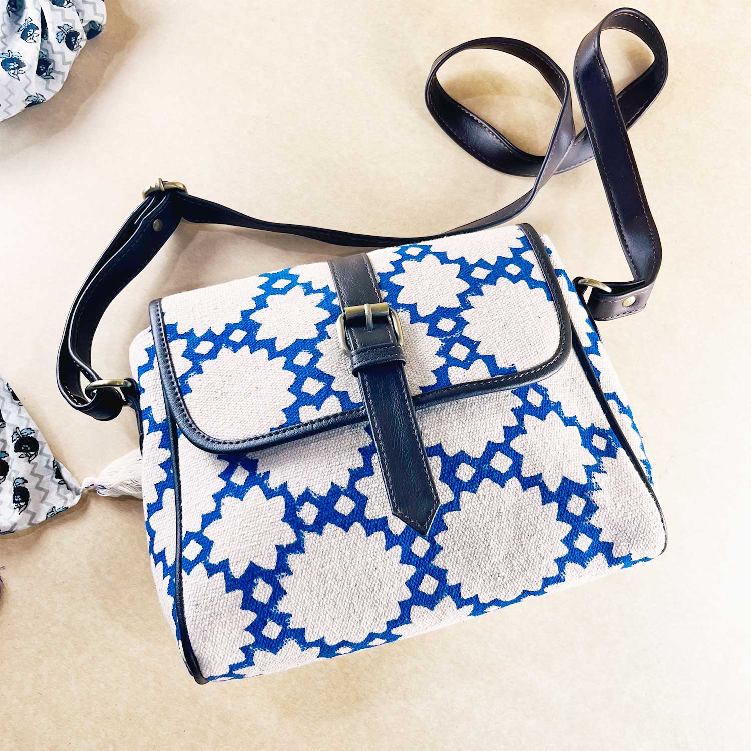 Sustainable Designer Blue Affair 100 % Cotton Sling Bag  - 10 x 10 x 3 inches | Peacoy