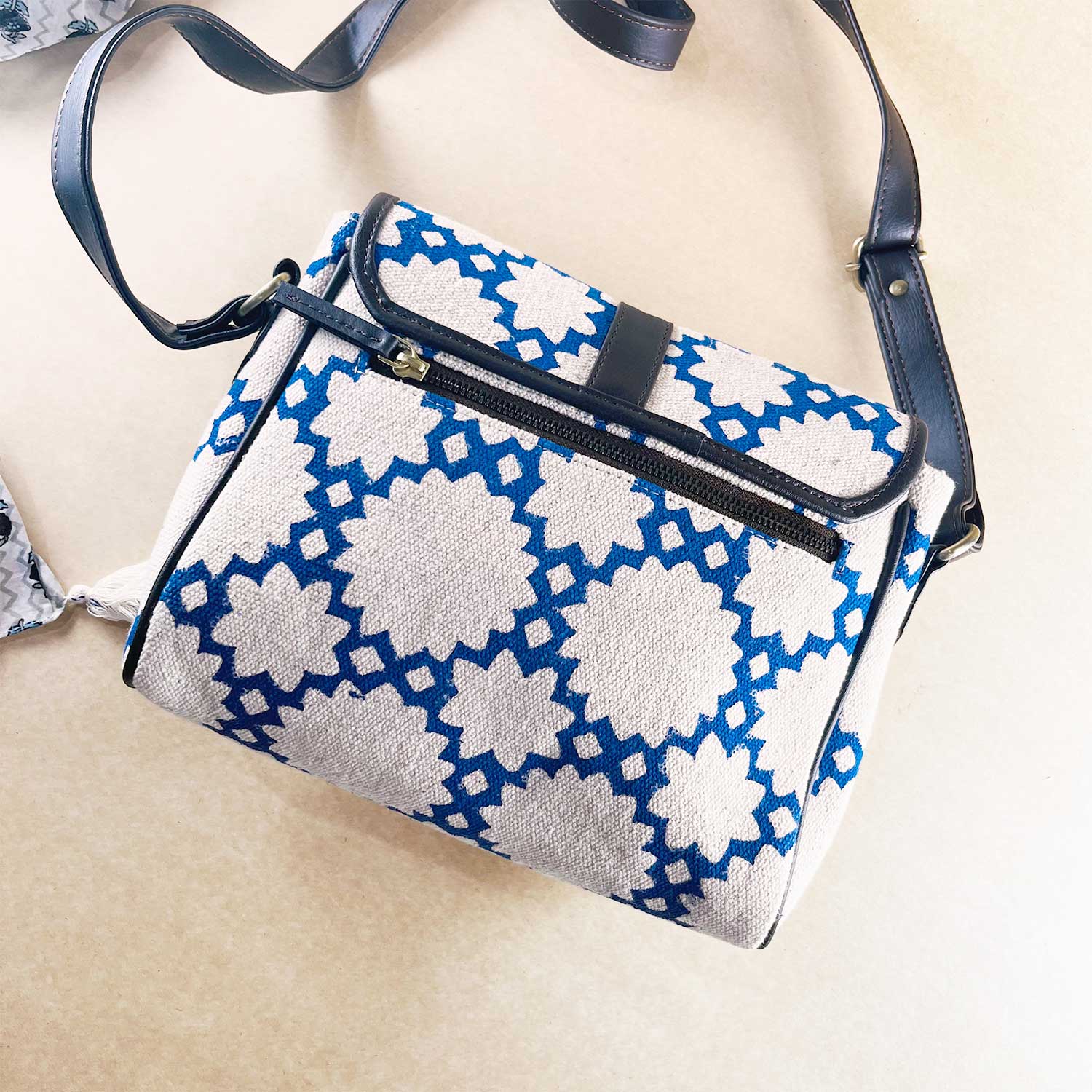 Sustainable Designer Blue Affair 100 % Cotton Sling Bag  - 10 x 10 x 3 inches | Peacoy