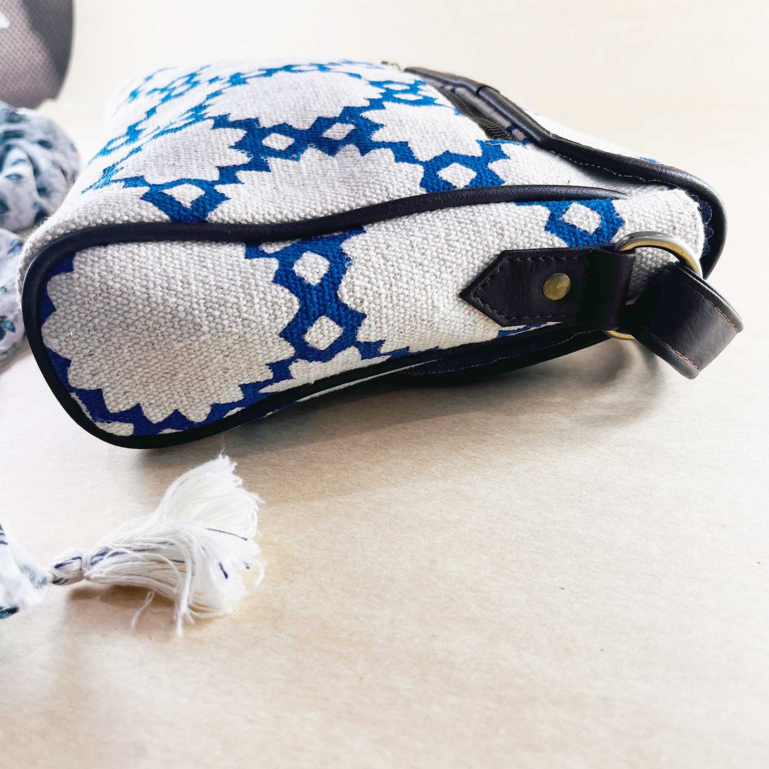 Sustainable Designer Blue Affair 100 % Cotton Sling Bag  - 10 x 10 x 3 inches | Peacoy