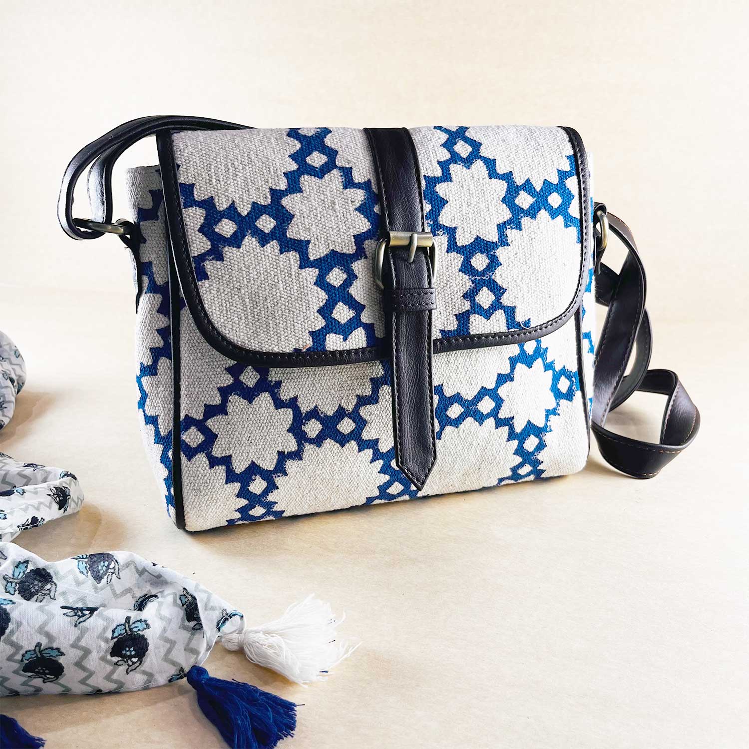 Sustainable Designer Blue Affair 100 % Cotton Sling Bag  - 10 x 10 x 3 inches | Peacoy