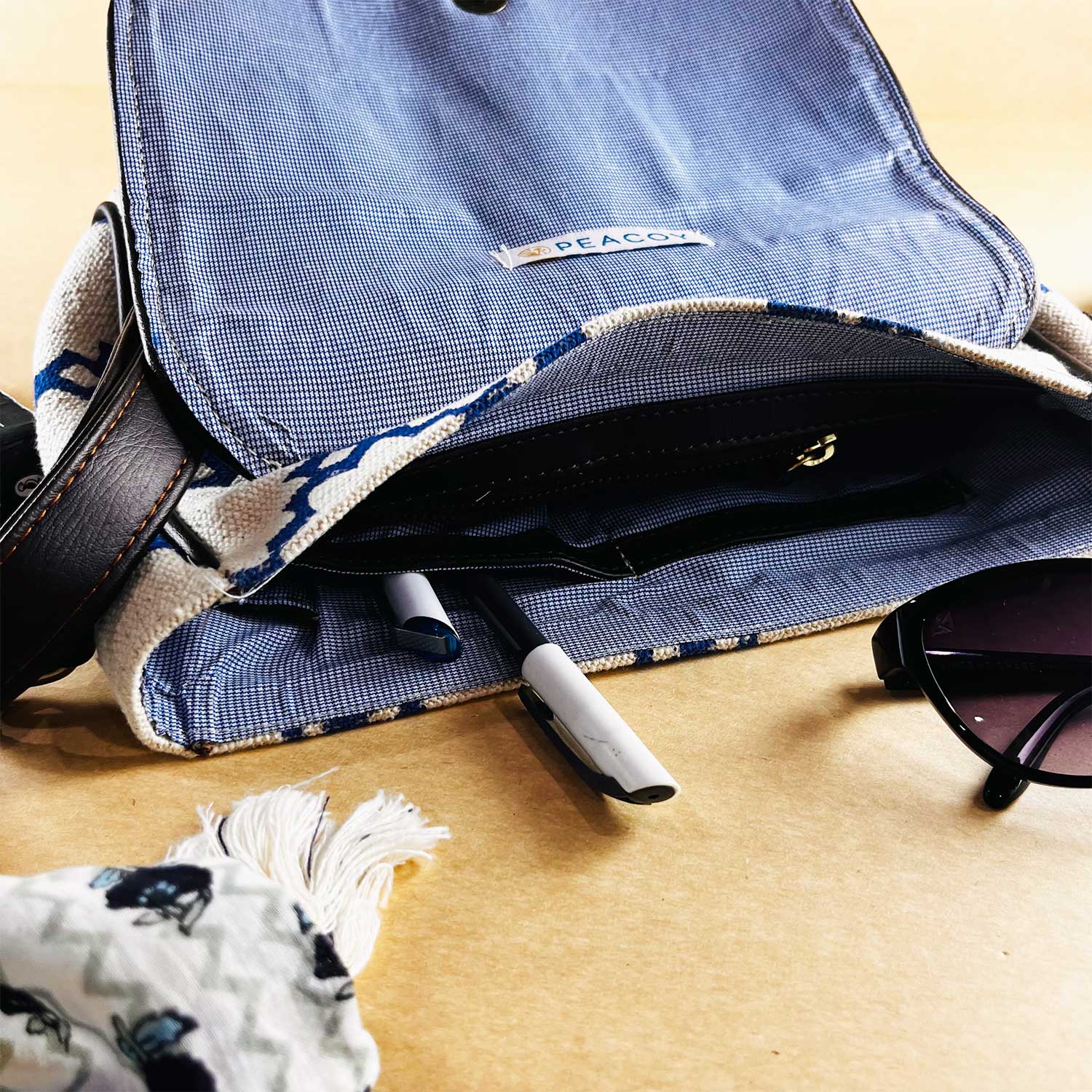 Sustainable Designer Blue Affair 100 % Cotton Sling Bag  - 10 x 10 x 3 inches | Peacoy