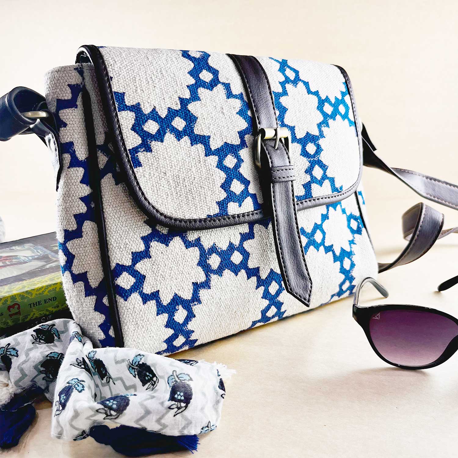 Sustainable Designer Blue Affair 100 % Cotton Sling Bag  - 10 x 10 x 3 inches | Peacoy